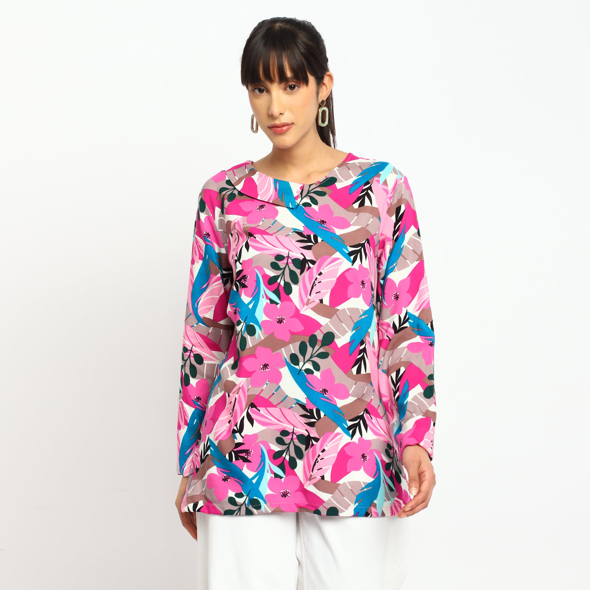 Vibrant Pink Floral Printed Tunic Top