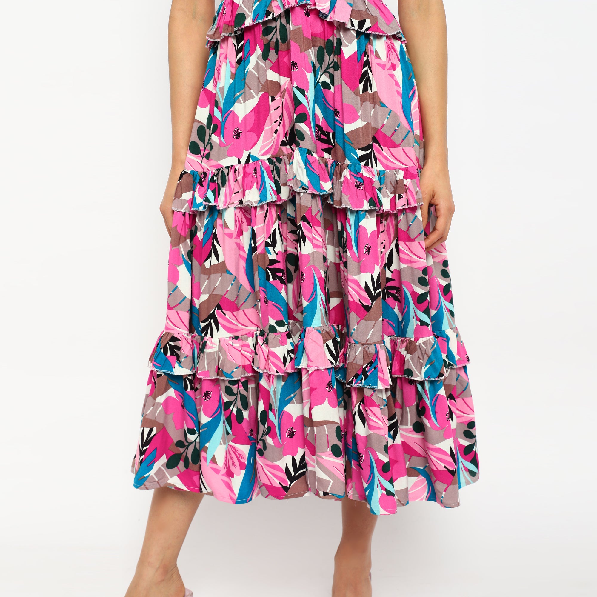 Pink Tropical Tiered Maxi Dress