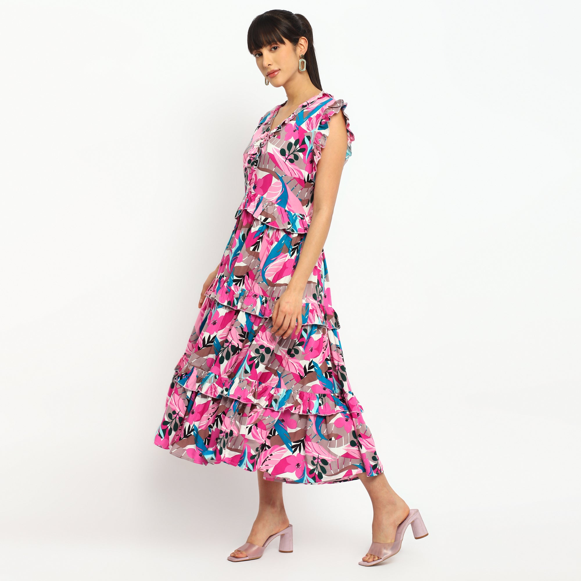 Pink Tropical Tiered Maxi Dress