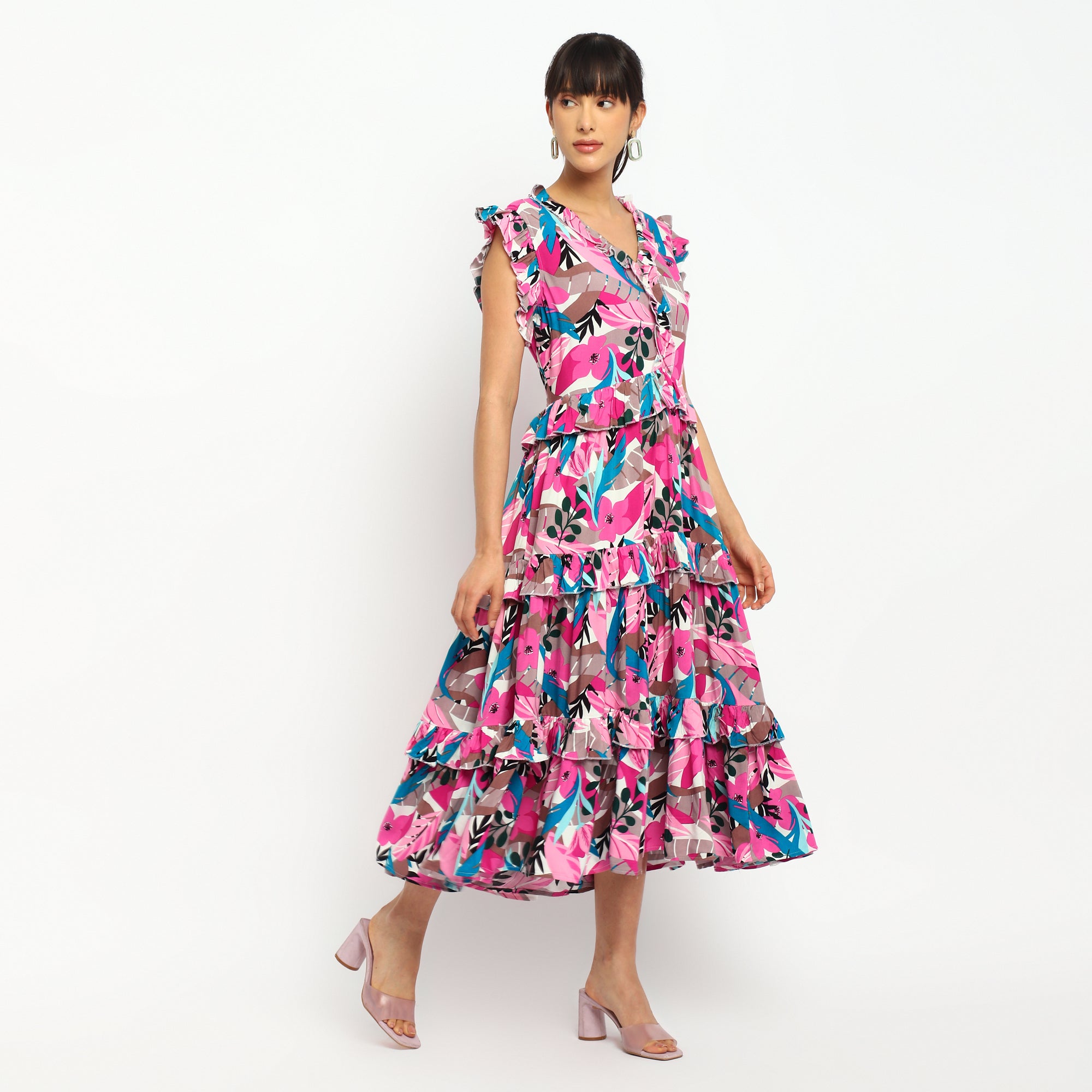 Pink Tropical Tiered Maxi Dress