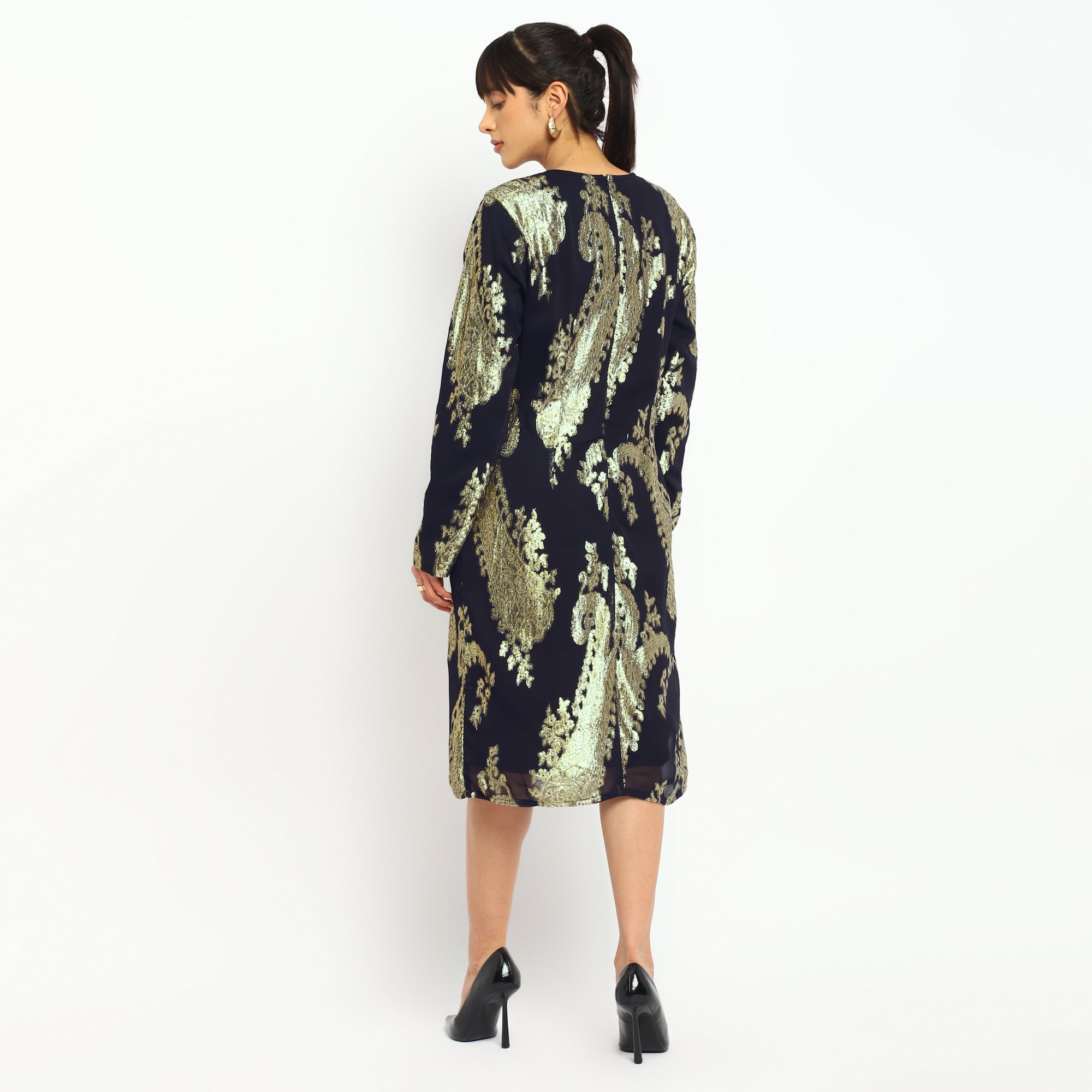 Regal Gold Paisley Midi Dress