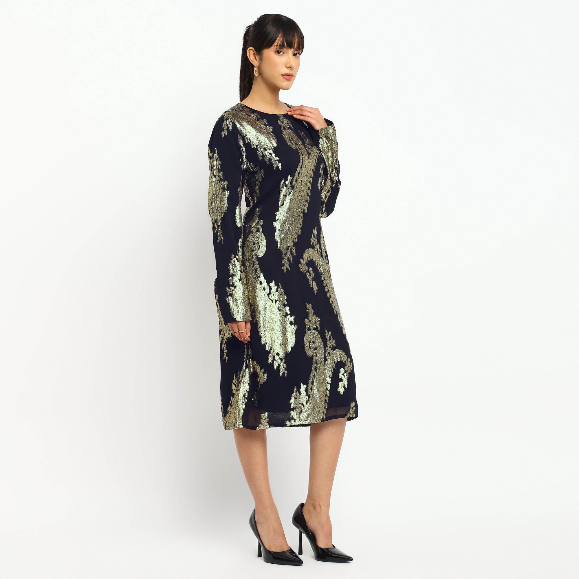 Regal Gold Paisley Midi Dress