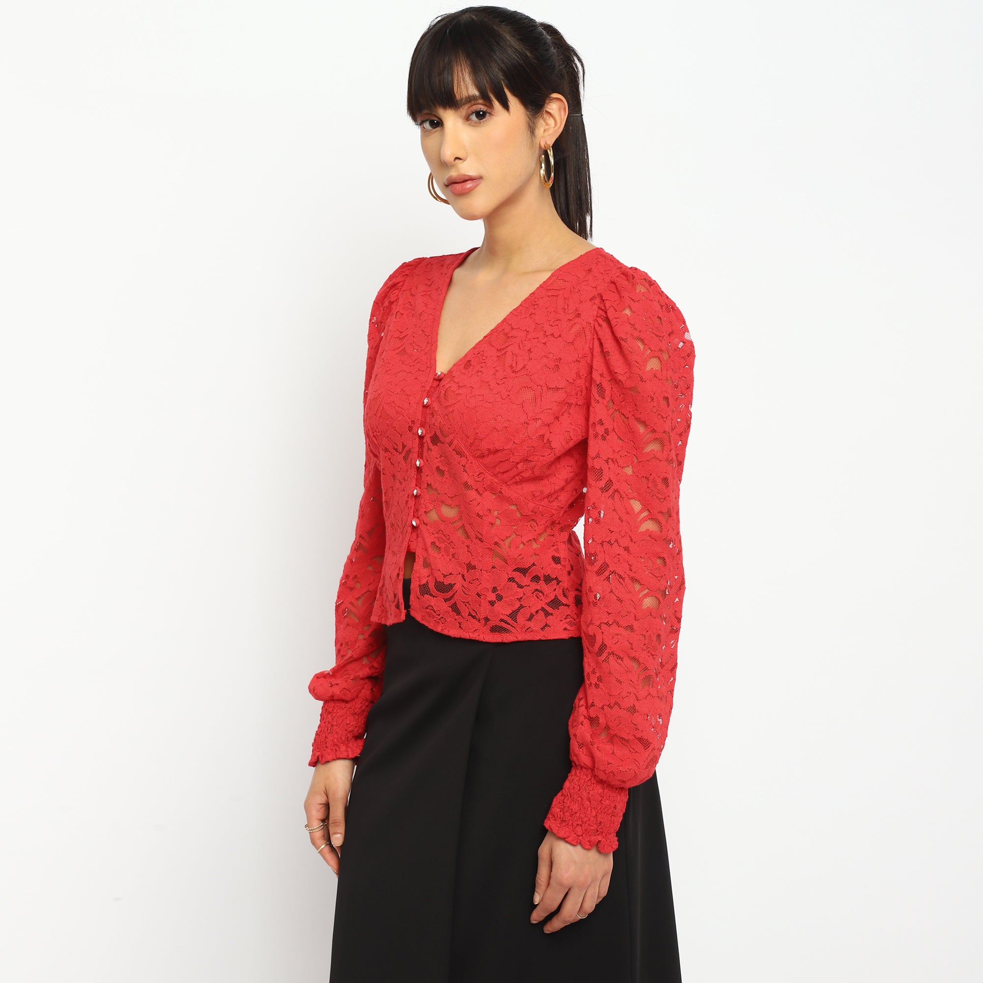 Red Lace Button-Down Blouse