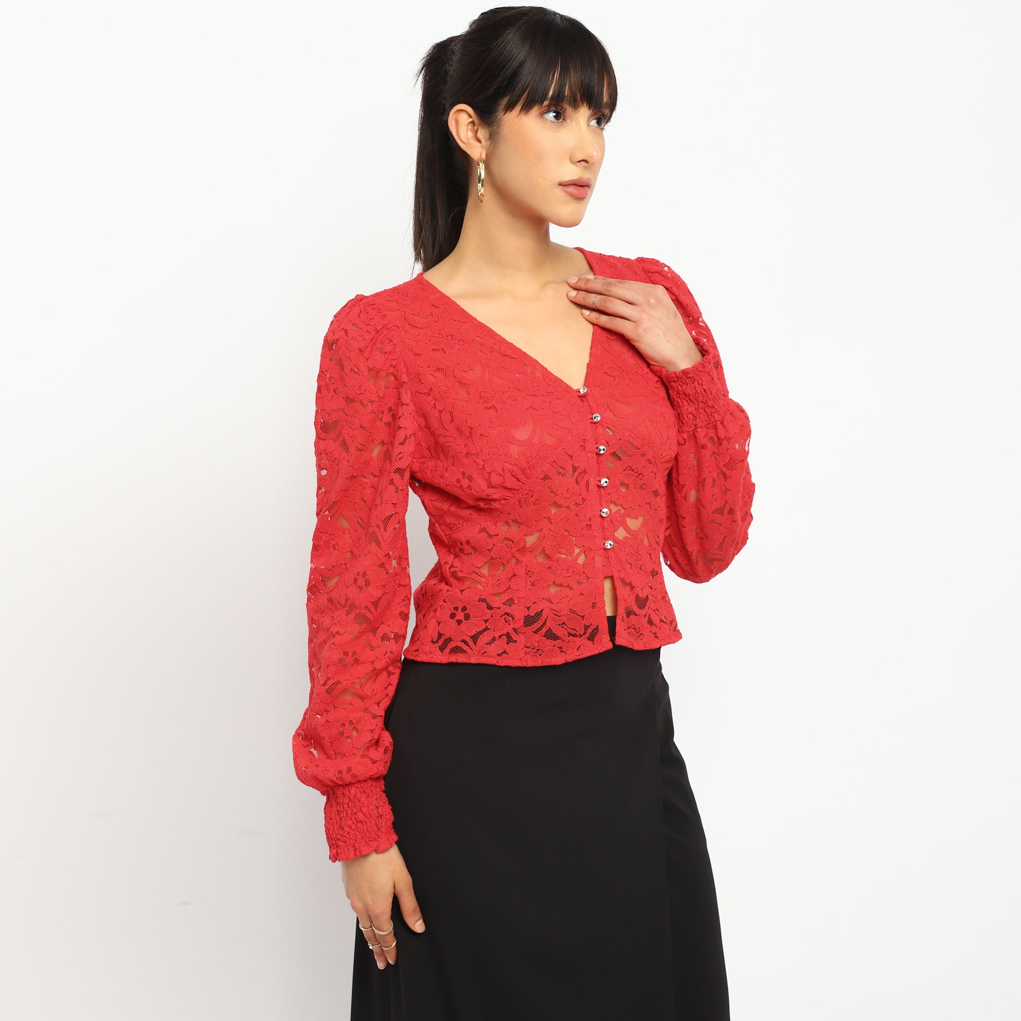 Red Lace Button-Down Blouse