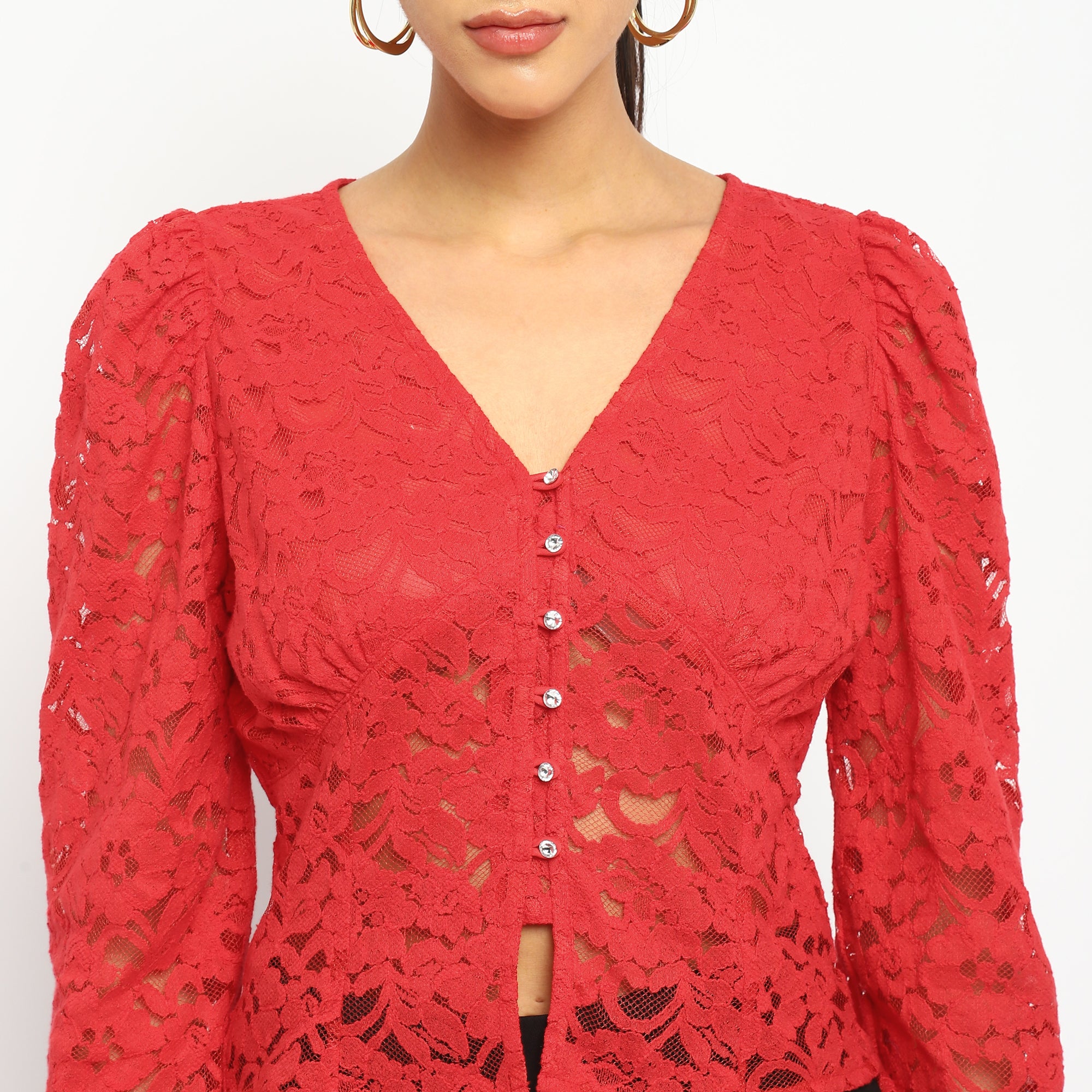 Red Lace Button-Down Blouse