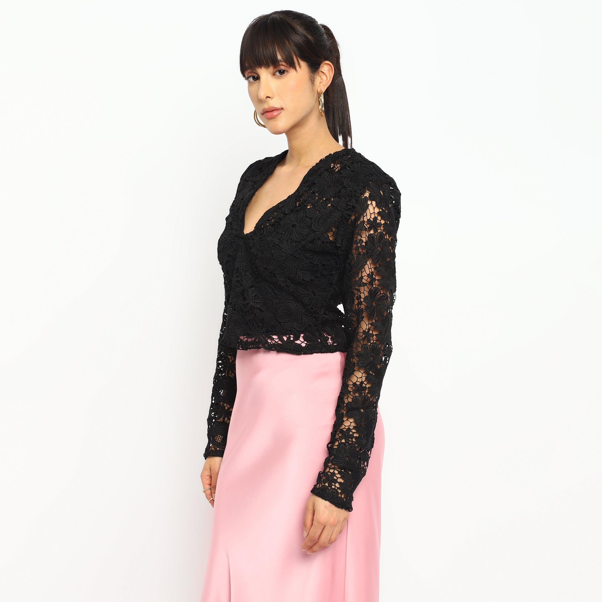 Elegant Black Lace Long-Sleeve V-neck Top