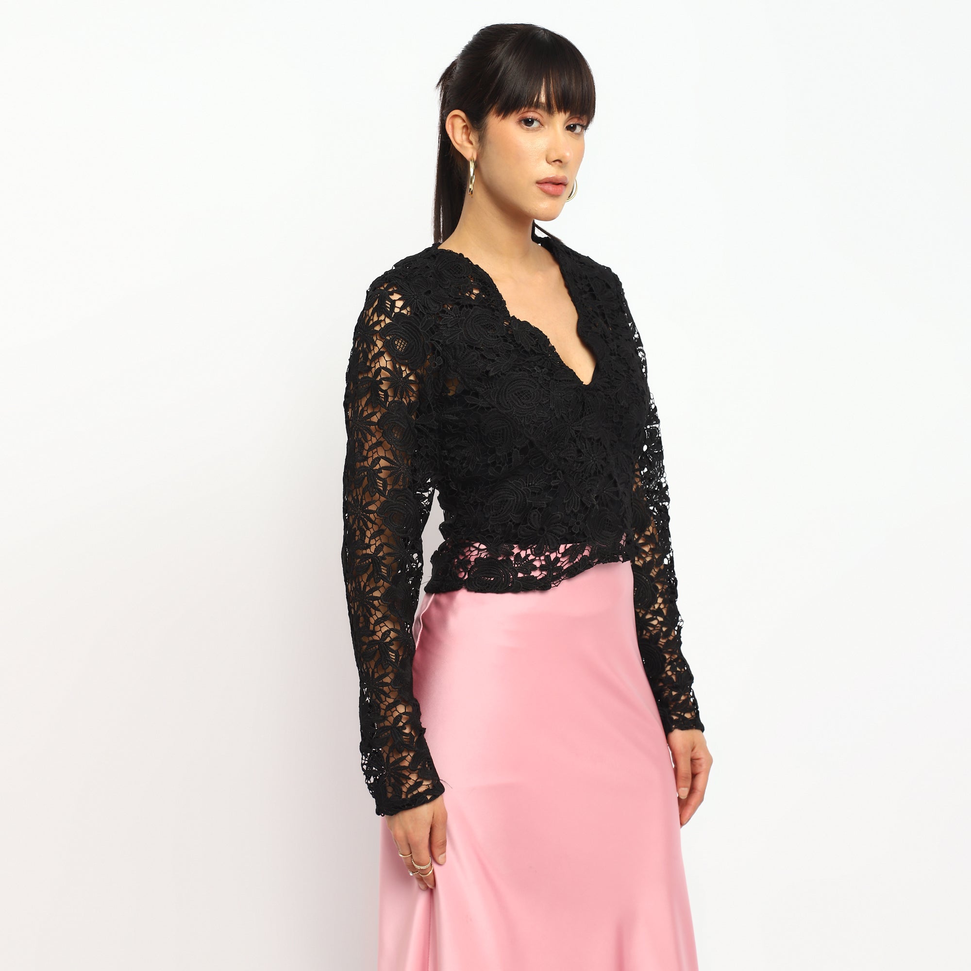 Elegant Black Lace Long-Sleeve V-neck Top