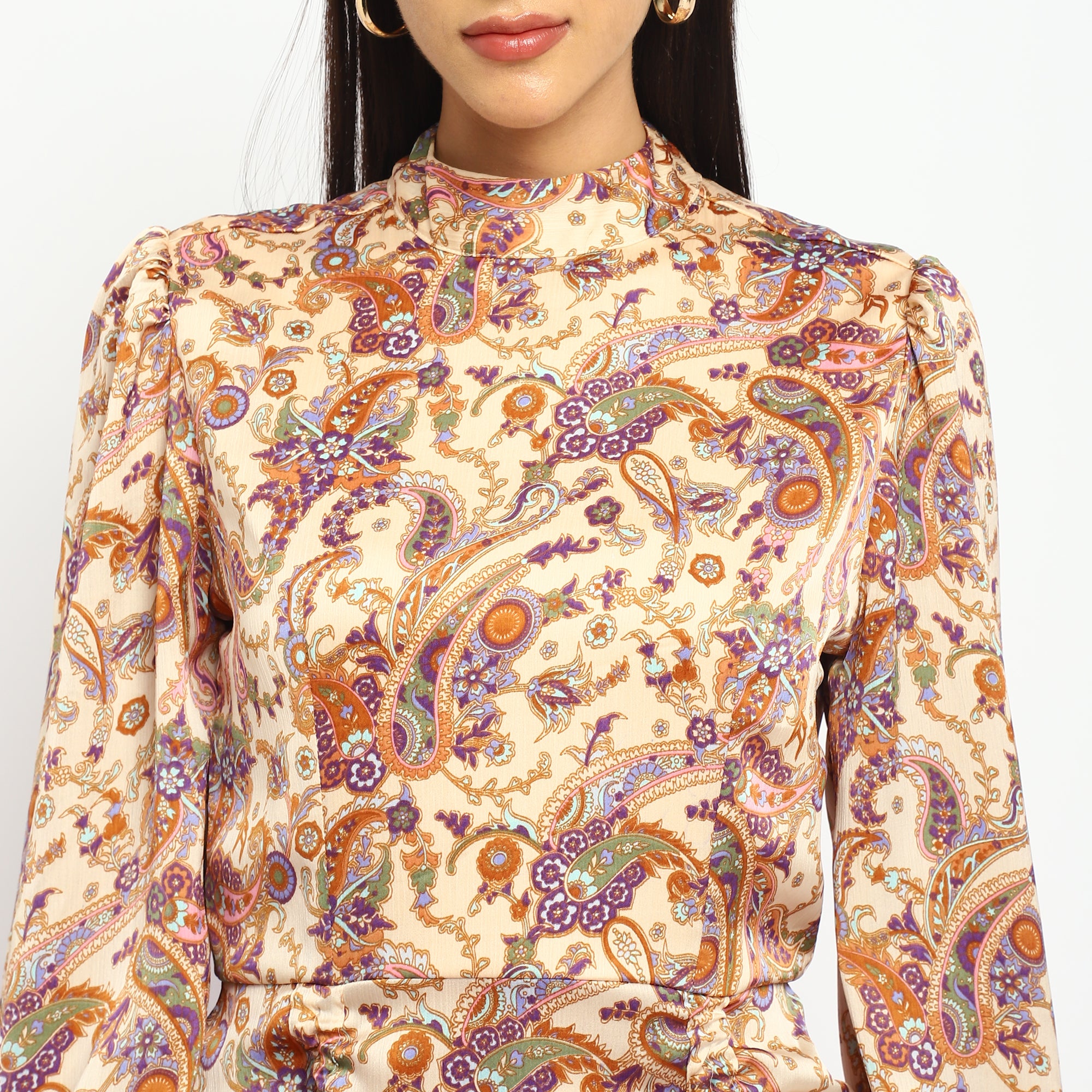 Paisley Mini Dress – High Neck & Balloon Sleeves