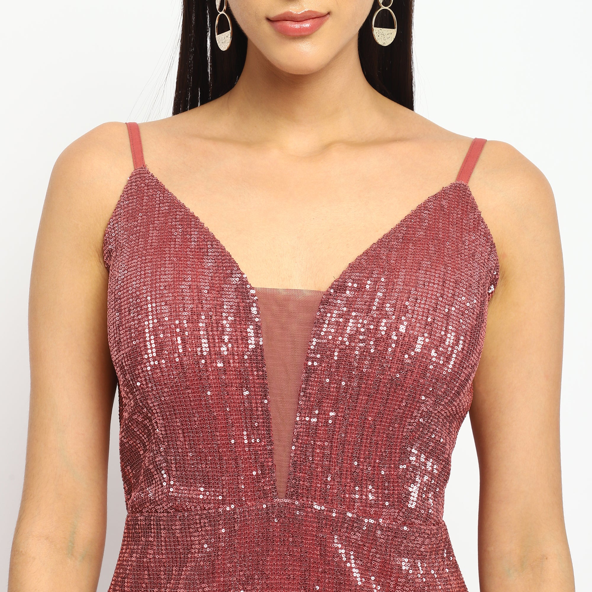 Rose Gold Sequin Mesh Detail Mini Dress