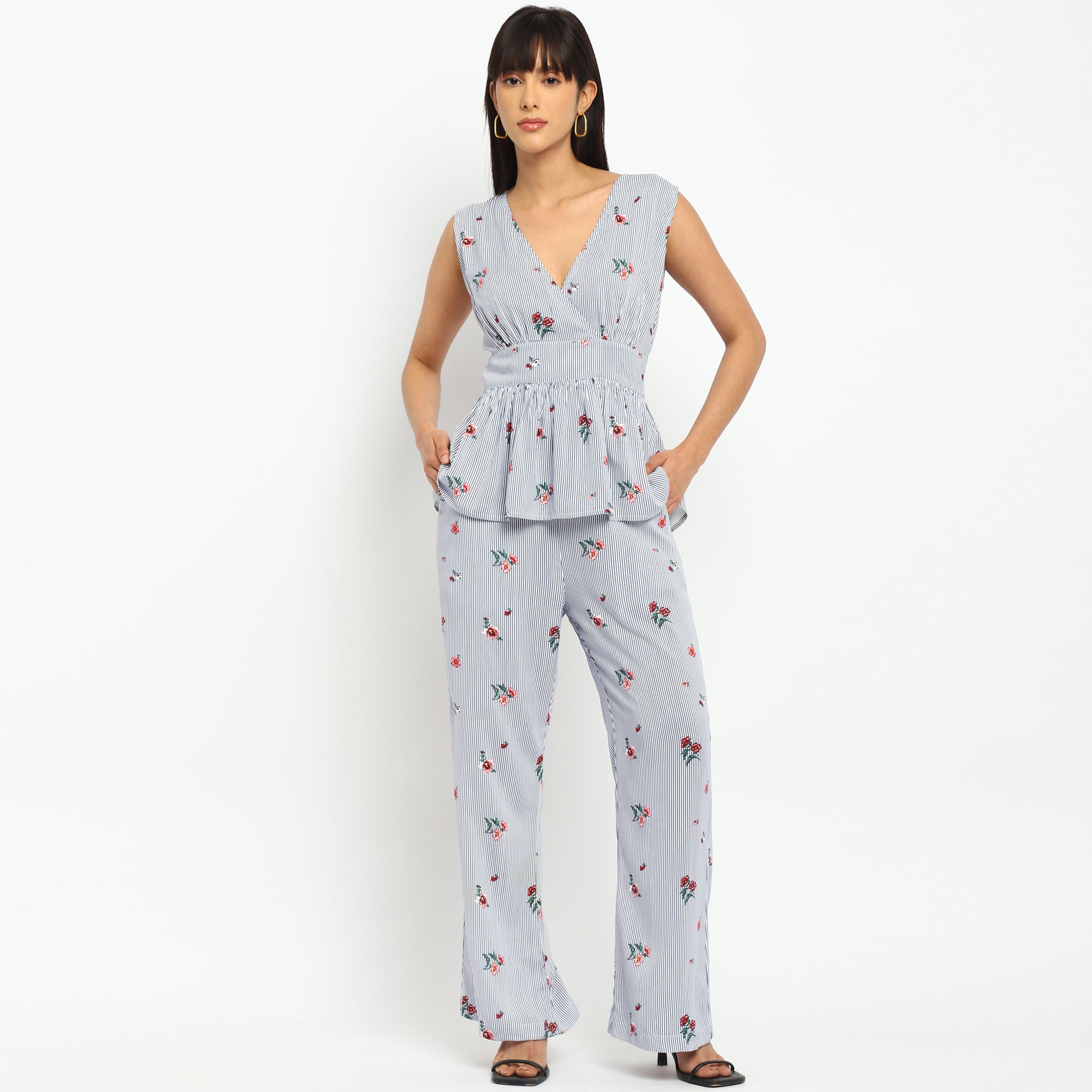 Floral Striped Co-ord Set – Peplum Top & Wide-Leg Pants
