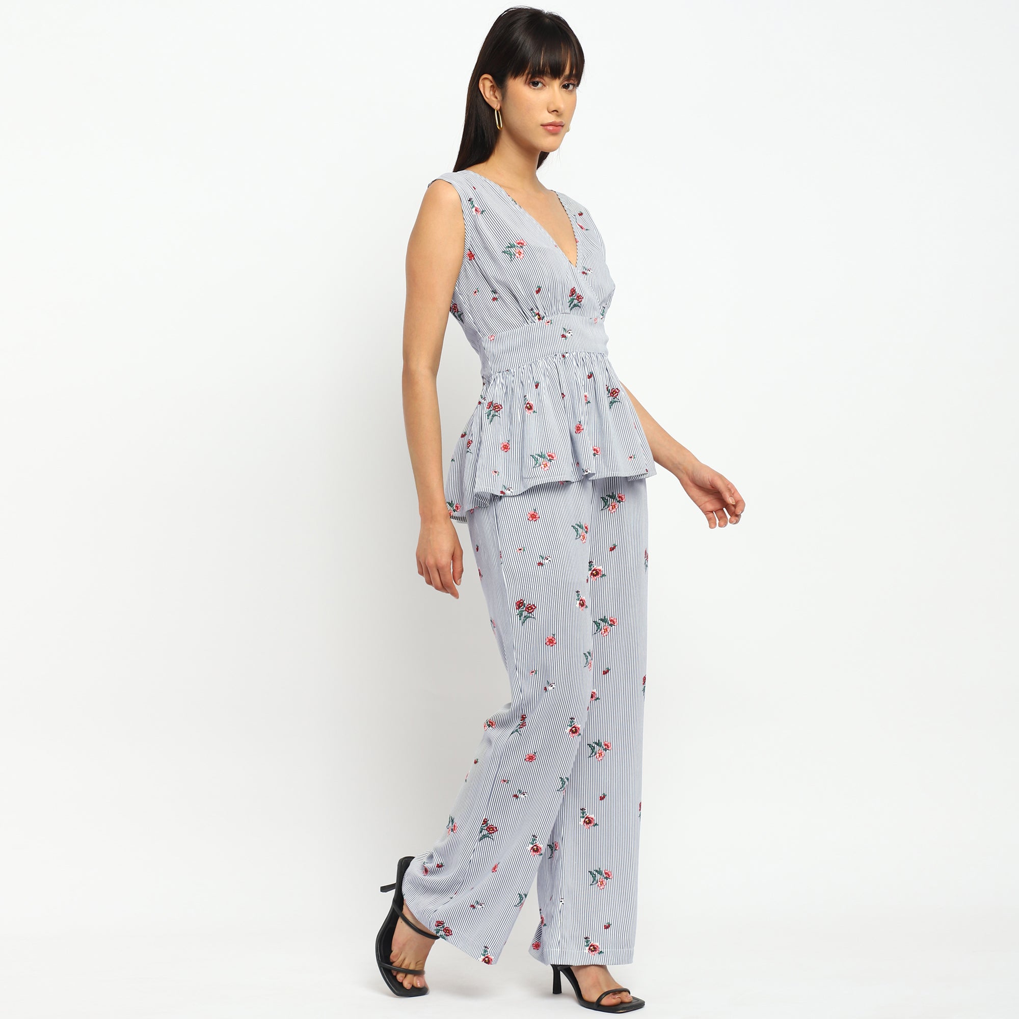 Floral Striped Co-ord Set – Peplum Top & Wide-Leg Pants