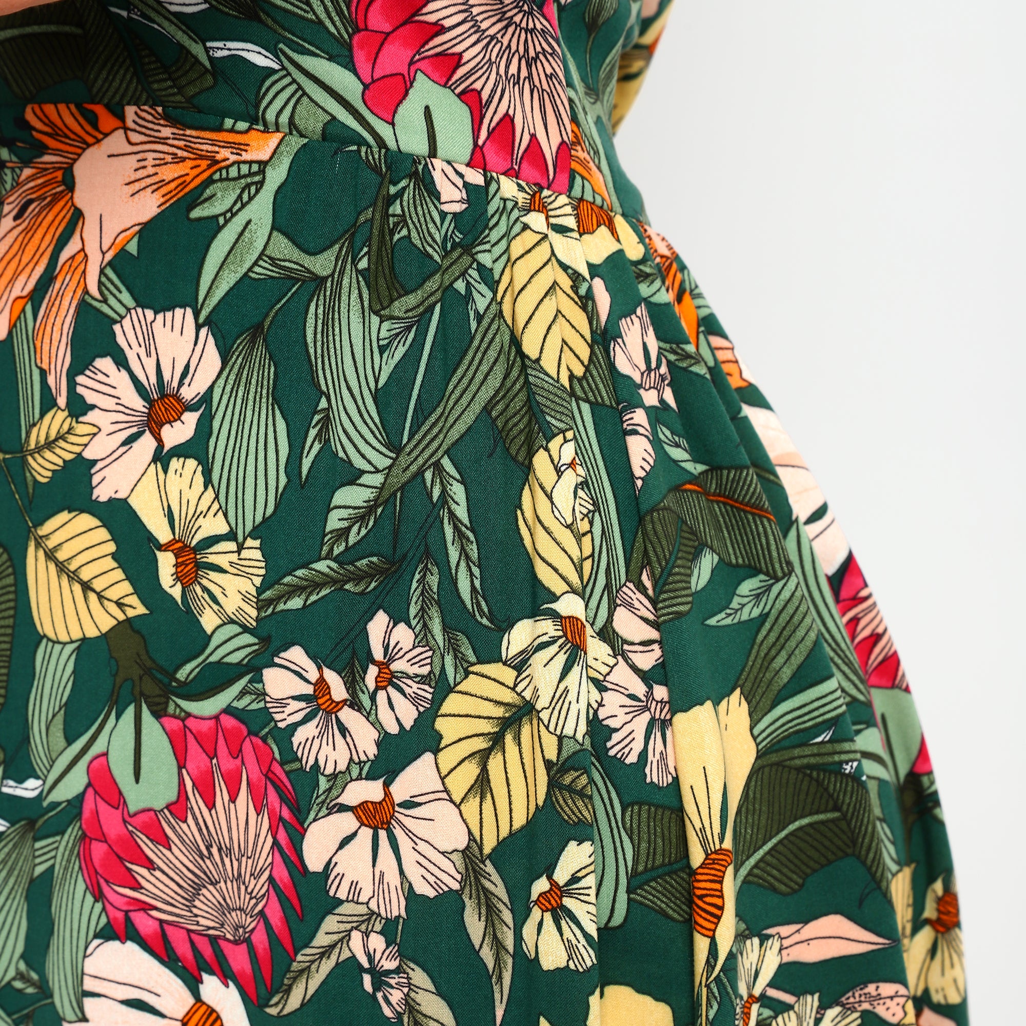 Tropical Green Floral Sleeveless Midi Dress