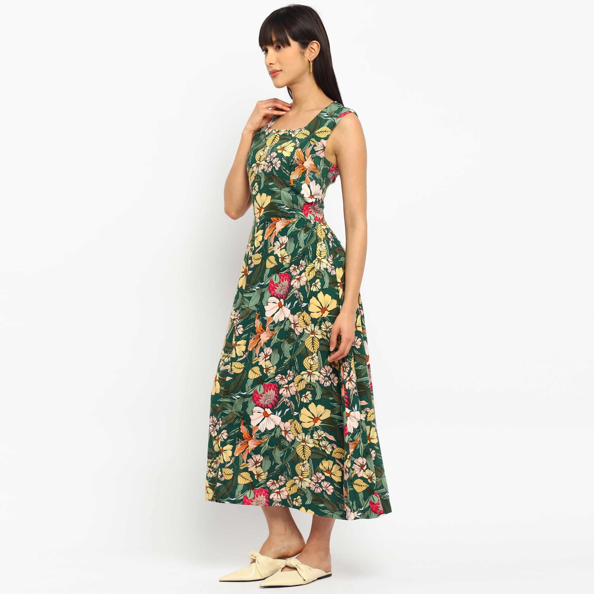 Tropical Green Floral Sleeveless Midi Dress
