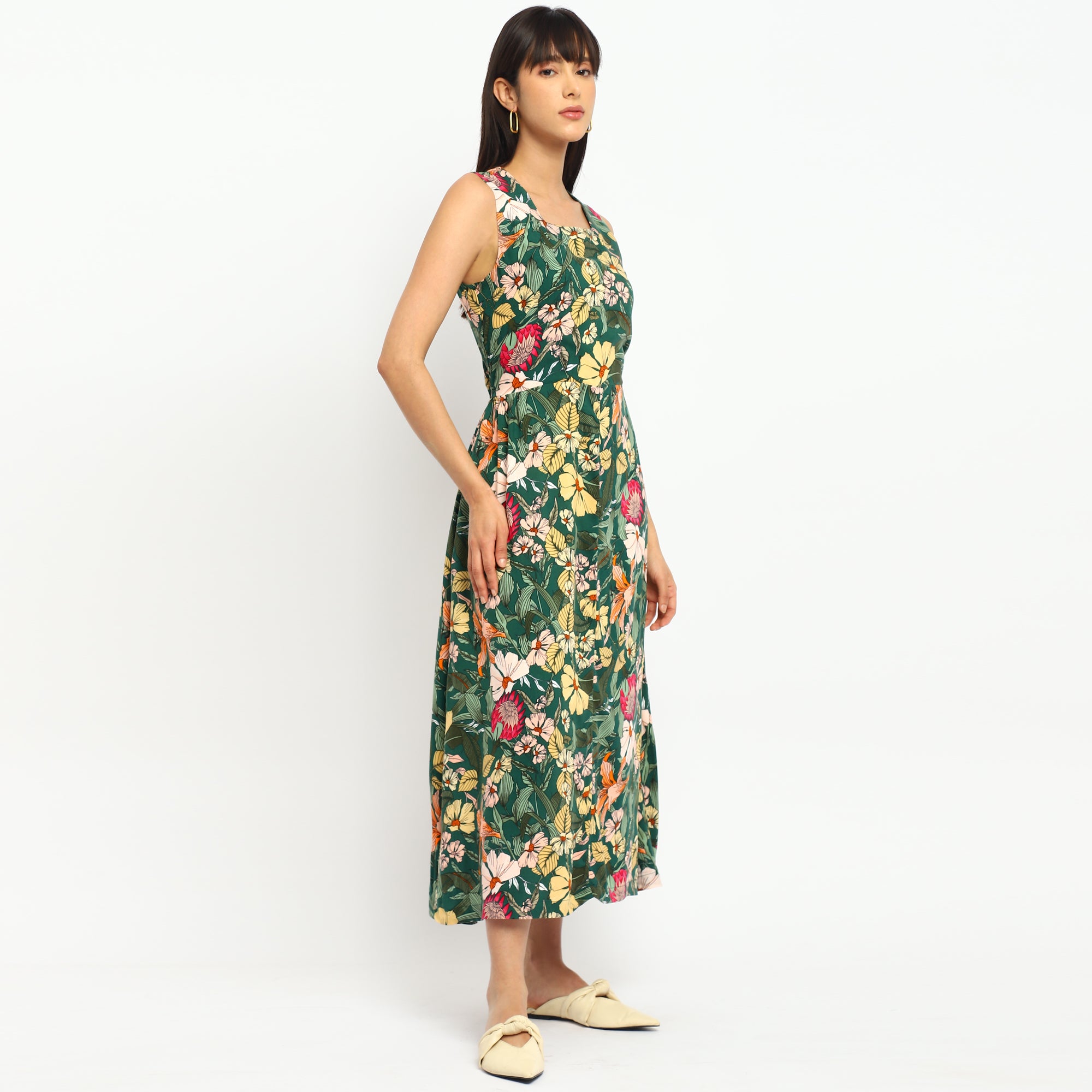 Tropical Green Floral Sleeveless Midi Dress