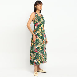 Tropical Green Floral Sleeveless Midi Dress