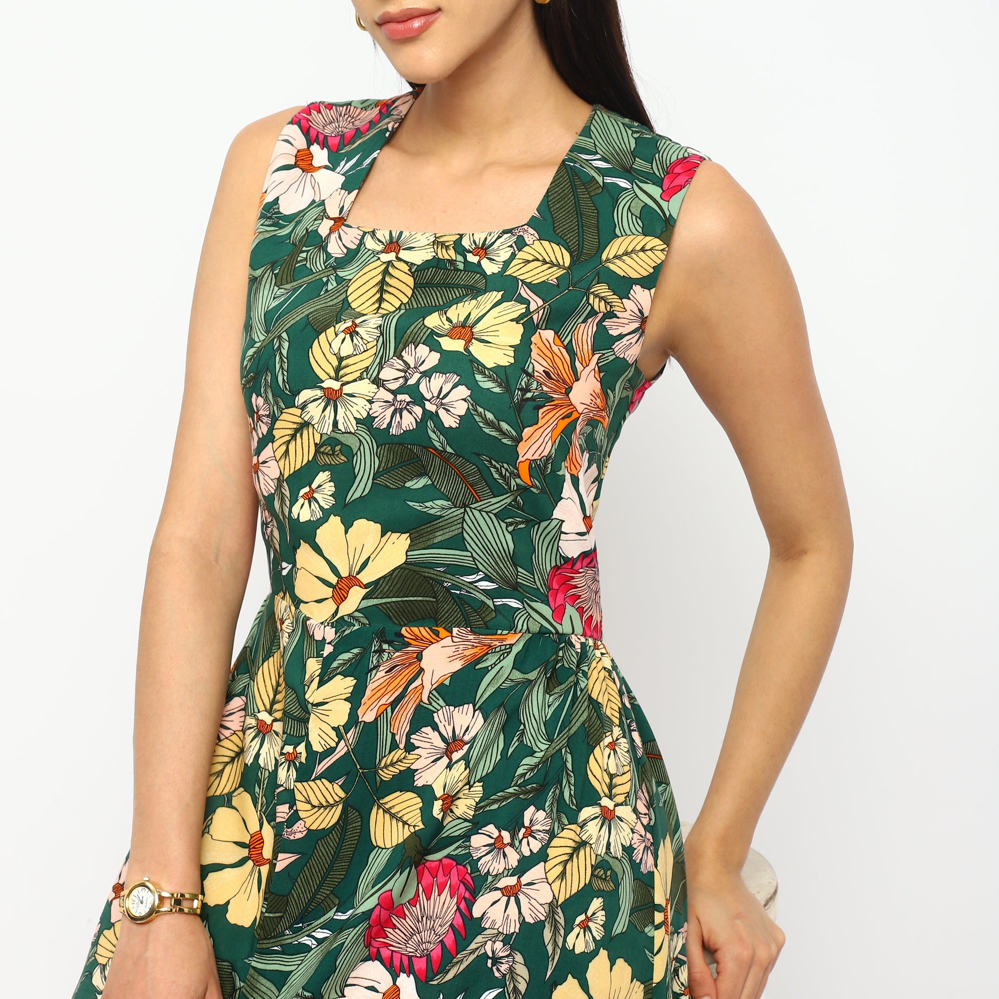 Tropical Green Floral Sleeveless Midi Dress