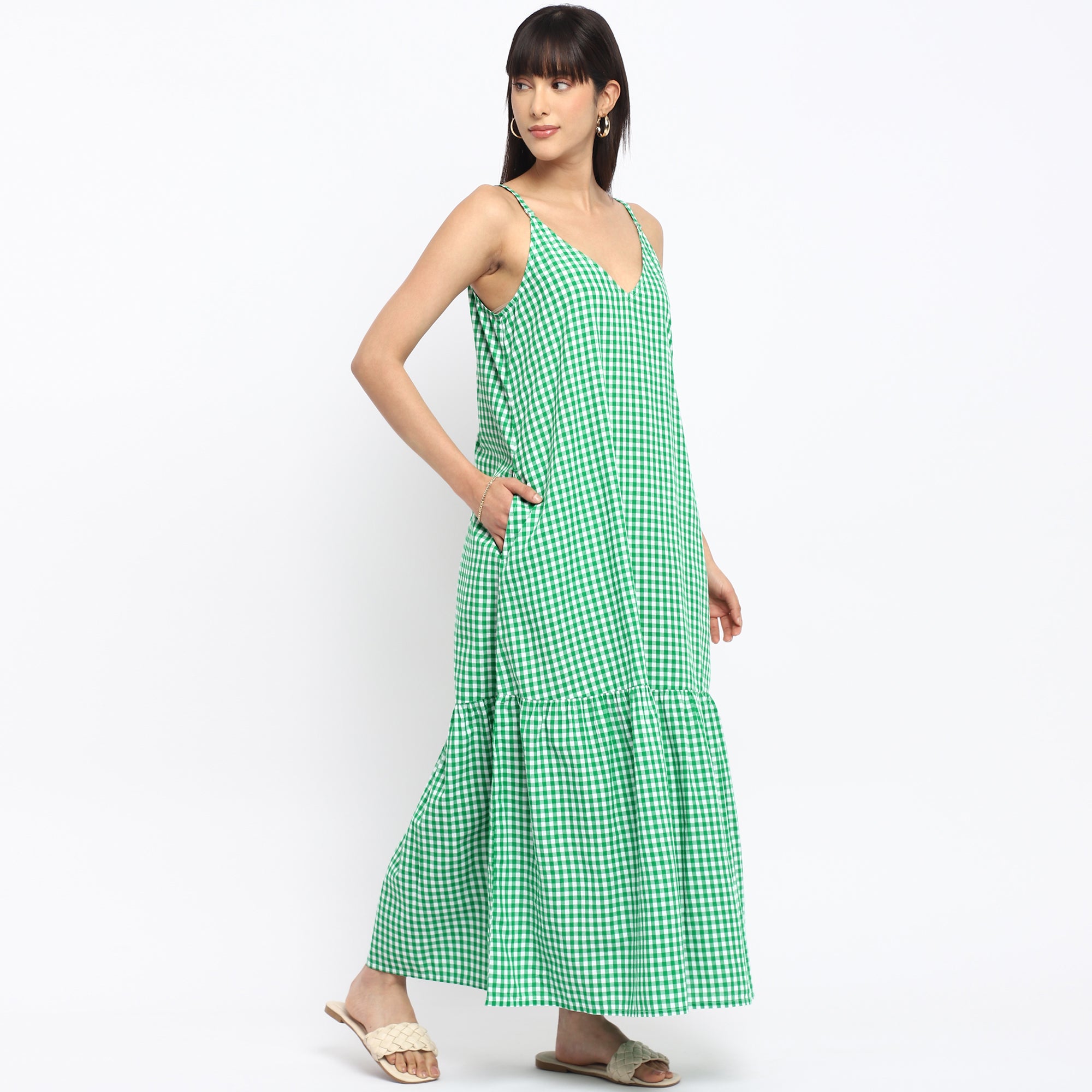 Green Gingham Tiered Maxi Dress