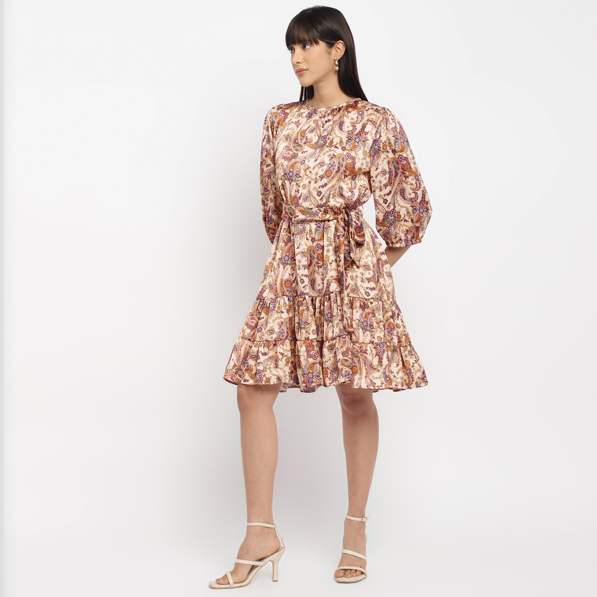 Paisley flared Printed Tiered Dress with Balloon Sleeves