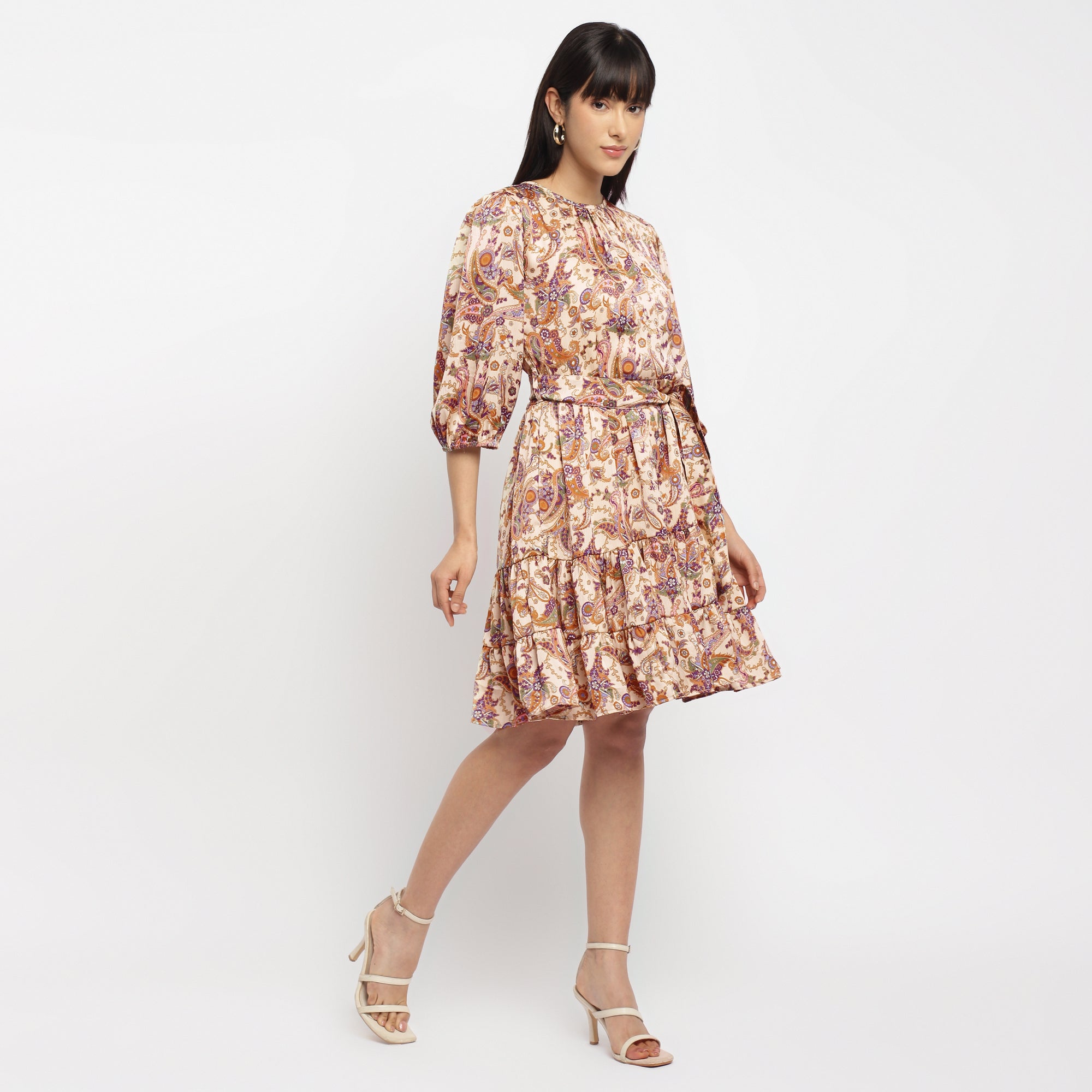 Paisley flared Printed Tiered Dress with Balloon Sleeves