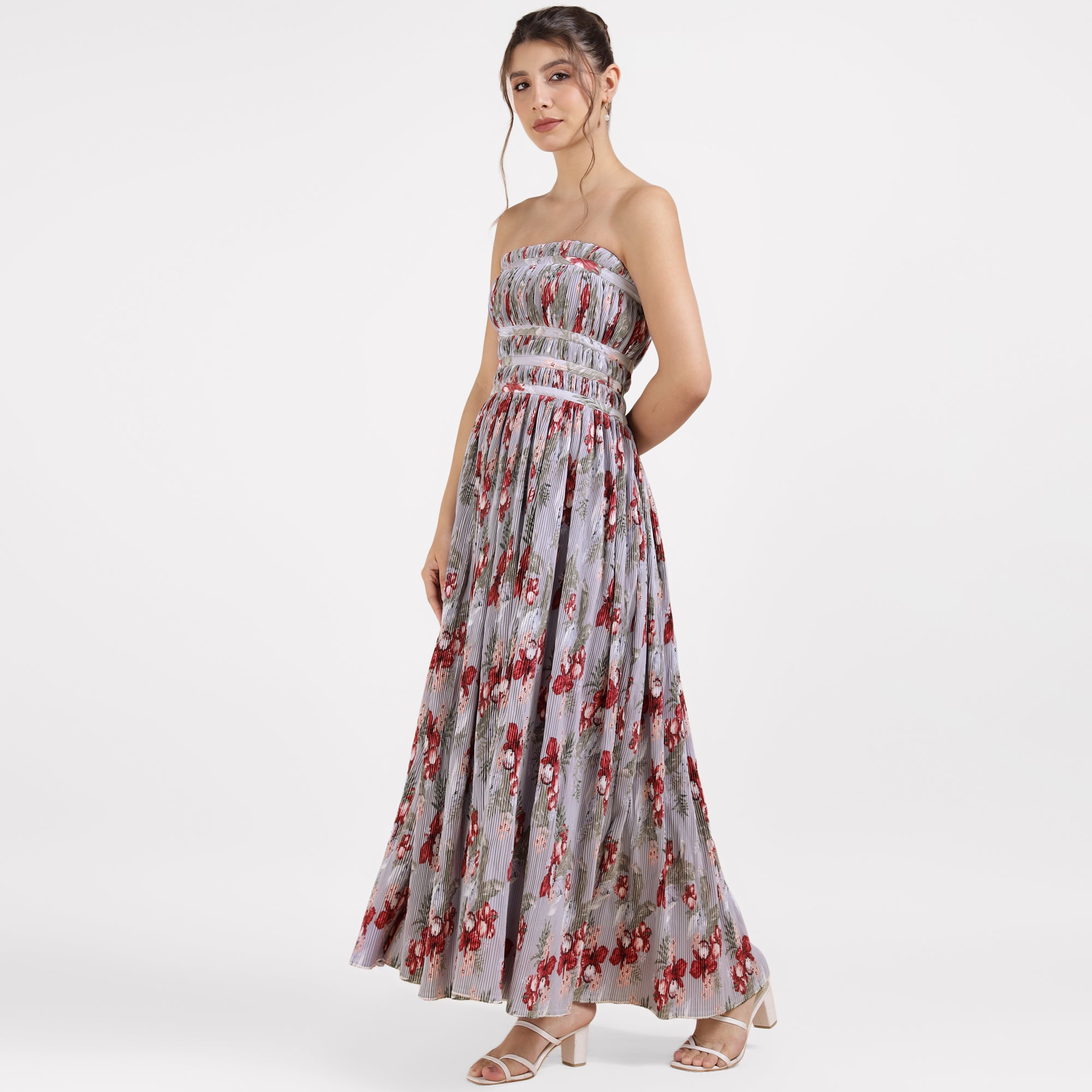 Lavender Strapless Pleated Floral Maxi Dress