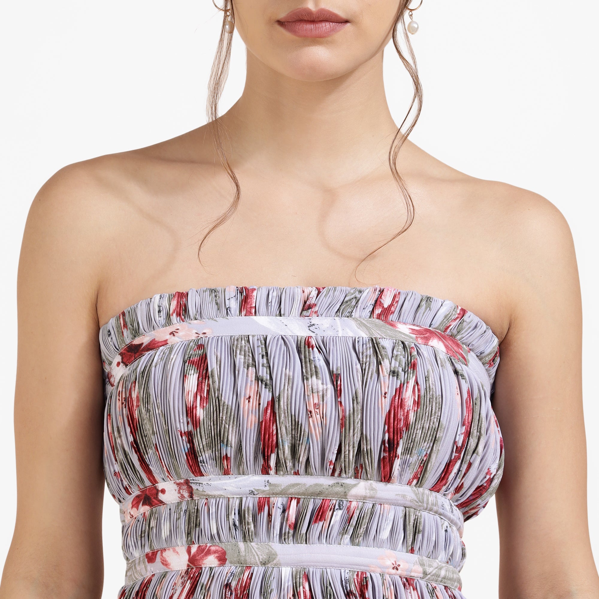 Lavender Strapless Pleated Floral Maxi Dress