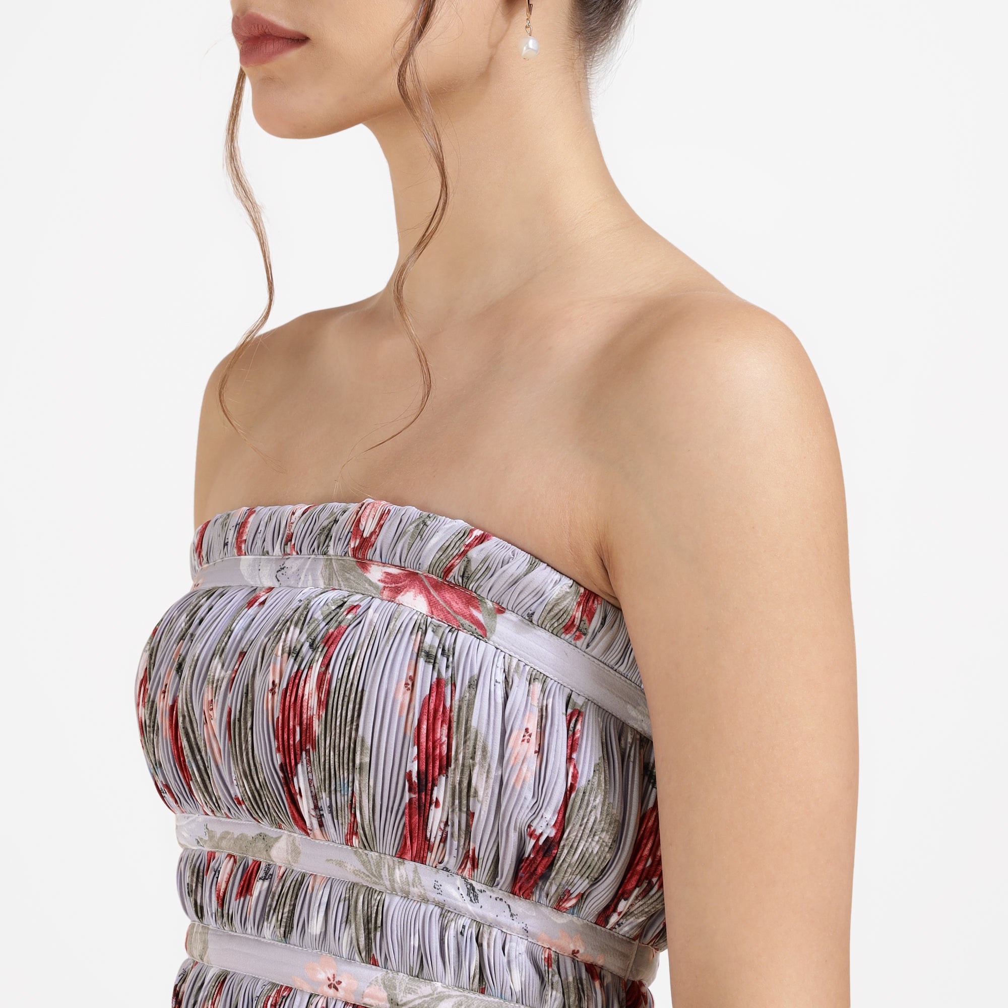 Lavender Strapless Pleated Floral Maxi Dress