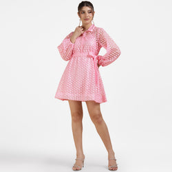 Sheer Embroidered Shirt Collar Mini Dress – Blush Pink