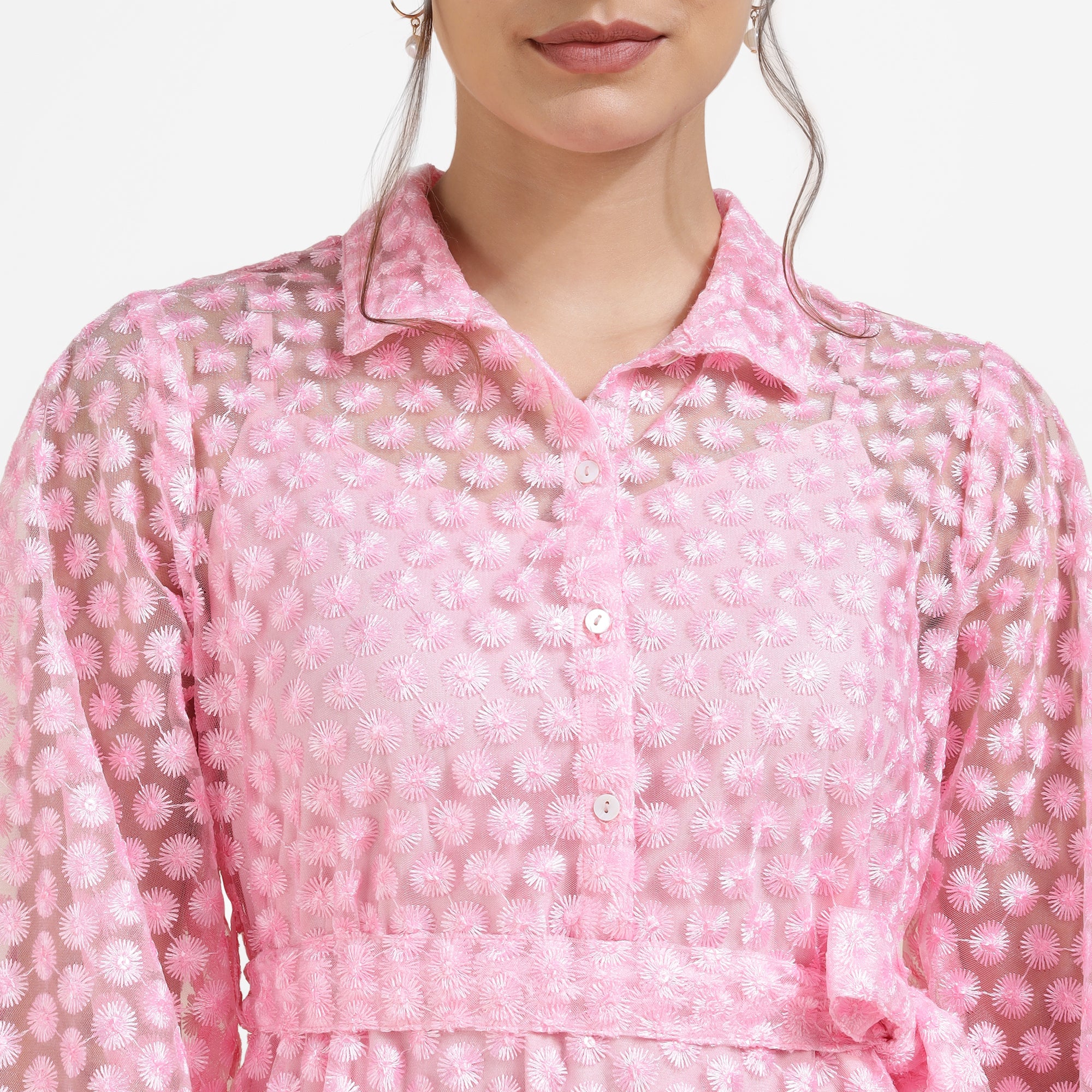 Sheer Embroidered Shirt Collar Mini Dress – Blush Pink