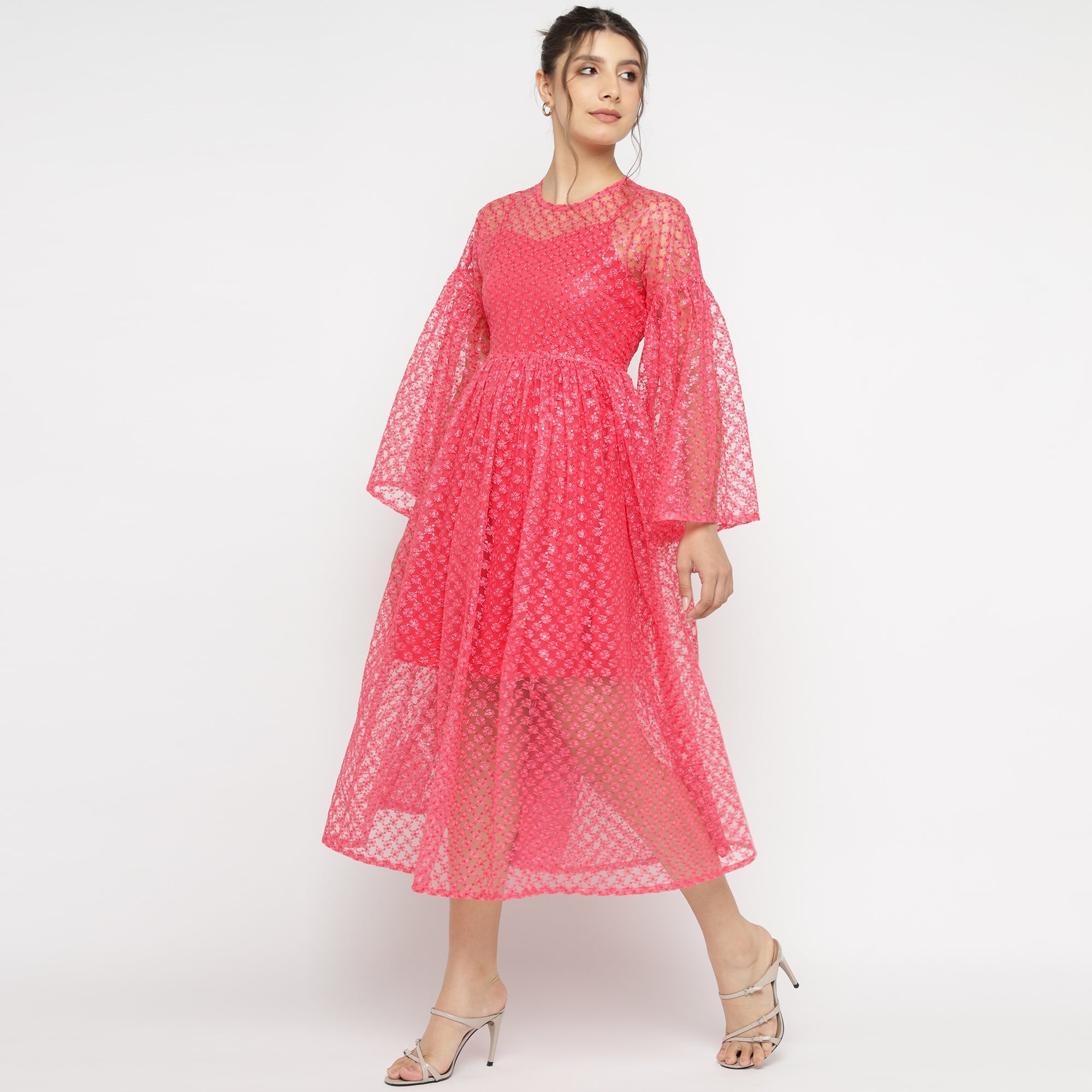 Flared Sheer Midi Dress in Hot Pink