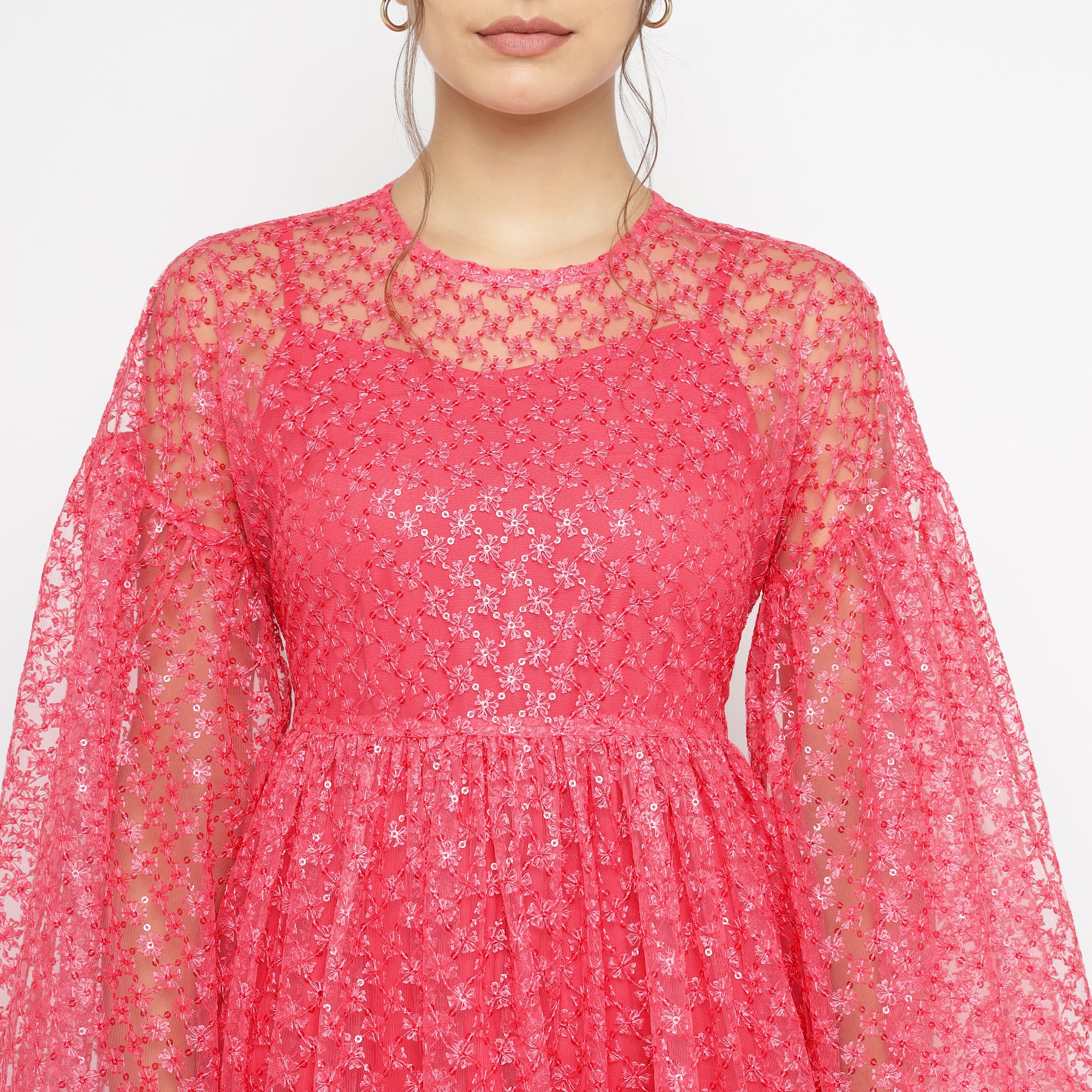 Flared Sheer Midi Dress in Hot Pink