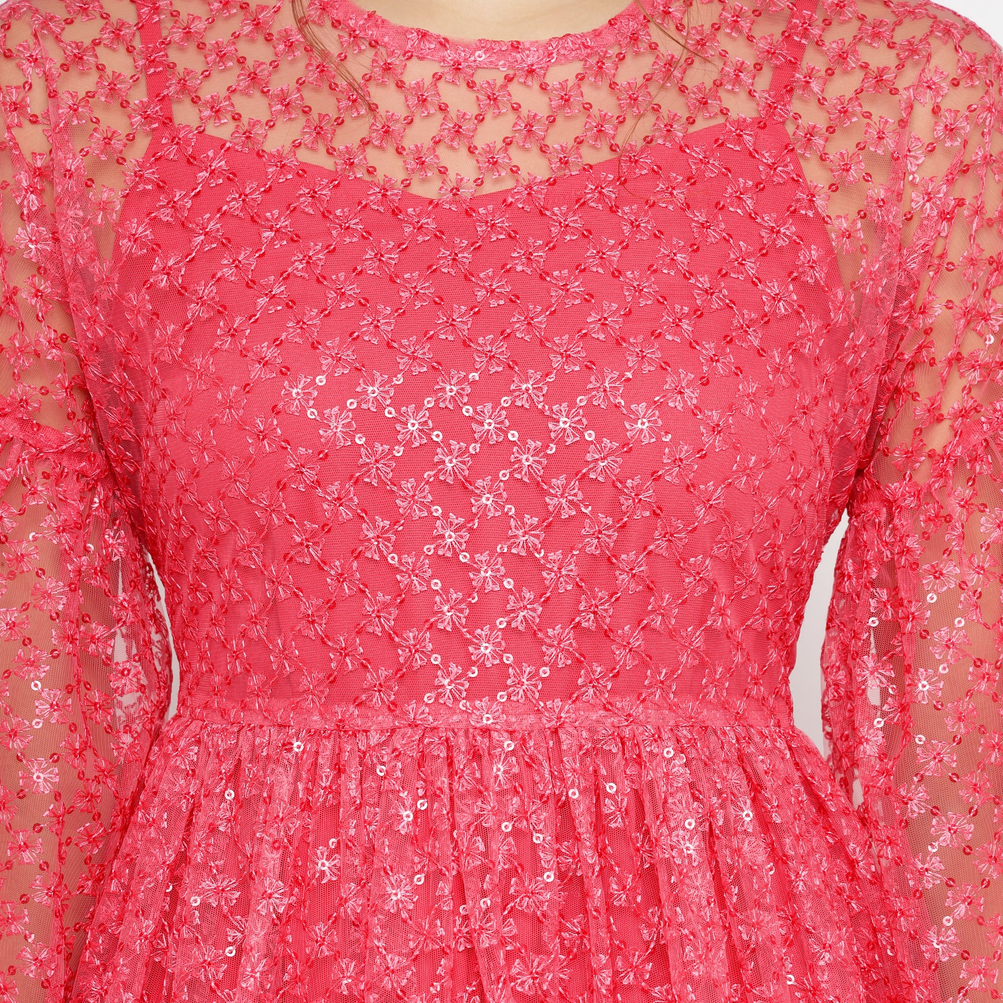 Flared Sheer Midi Dress in Hot Pink