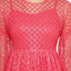 Flared Sheer Midi Dress in Hot Pink