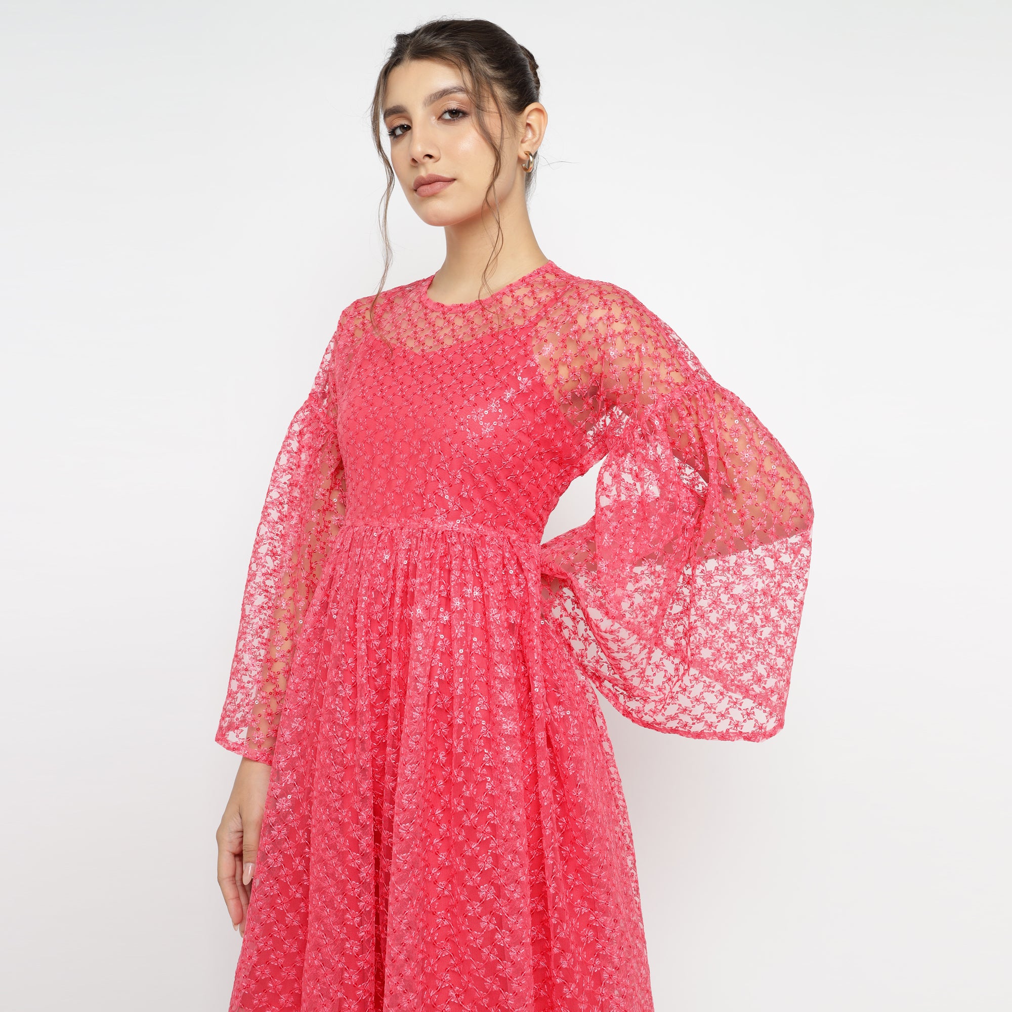 Flared Sheer Midi Dress in Hot Pink