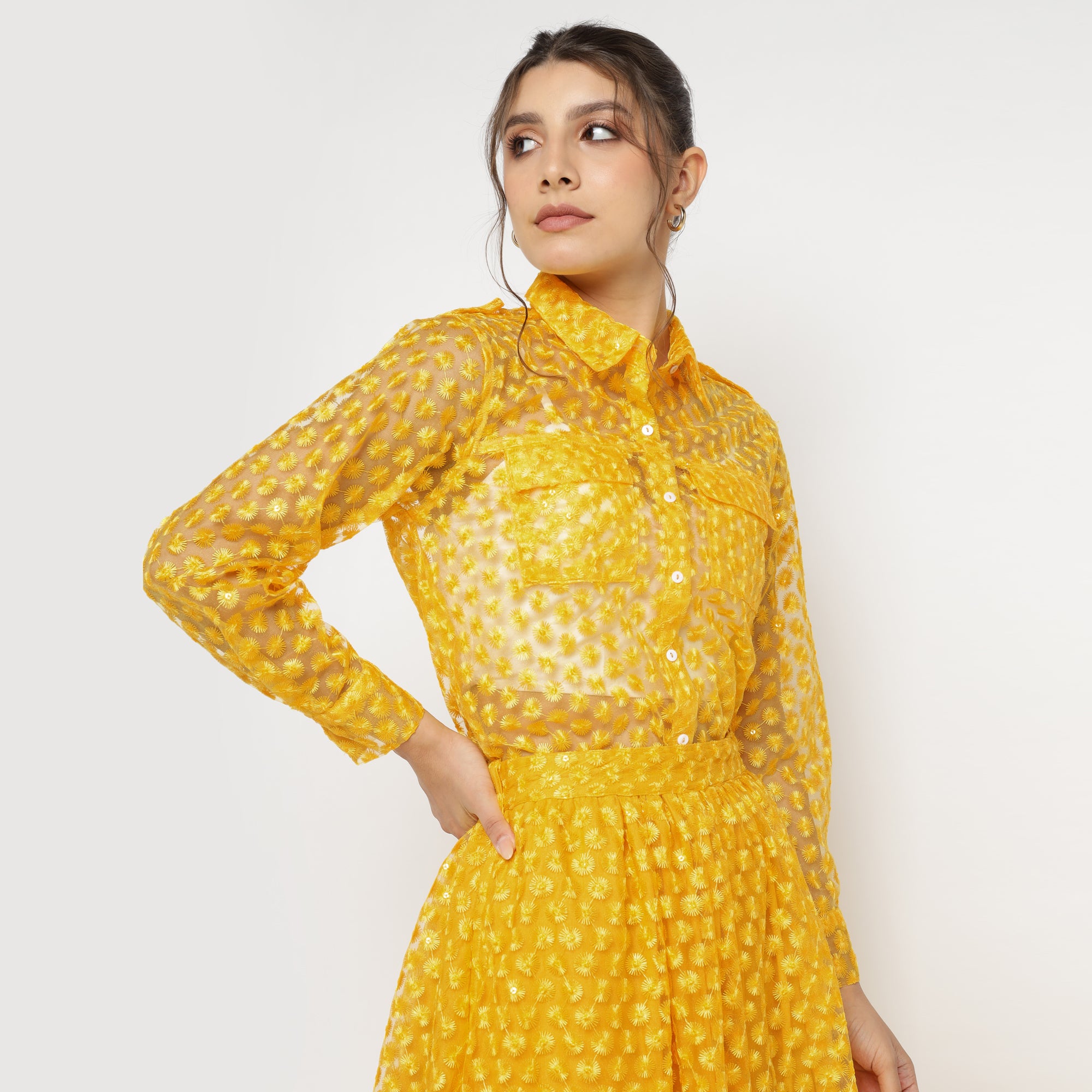 Sunshine Yellow Embroidered 3-Piece Co-ord Set (Shirt, Inner Top & Skirt)