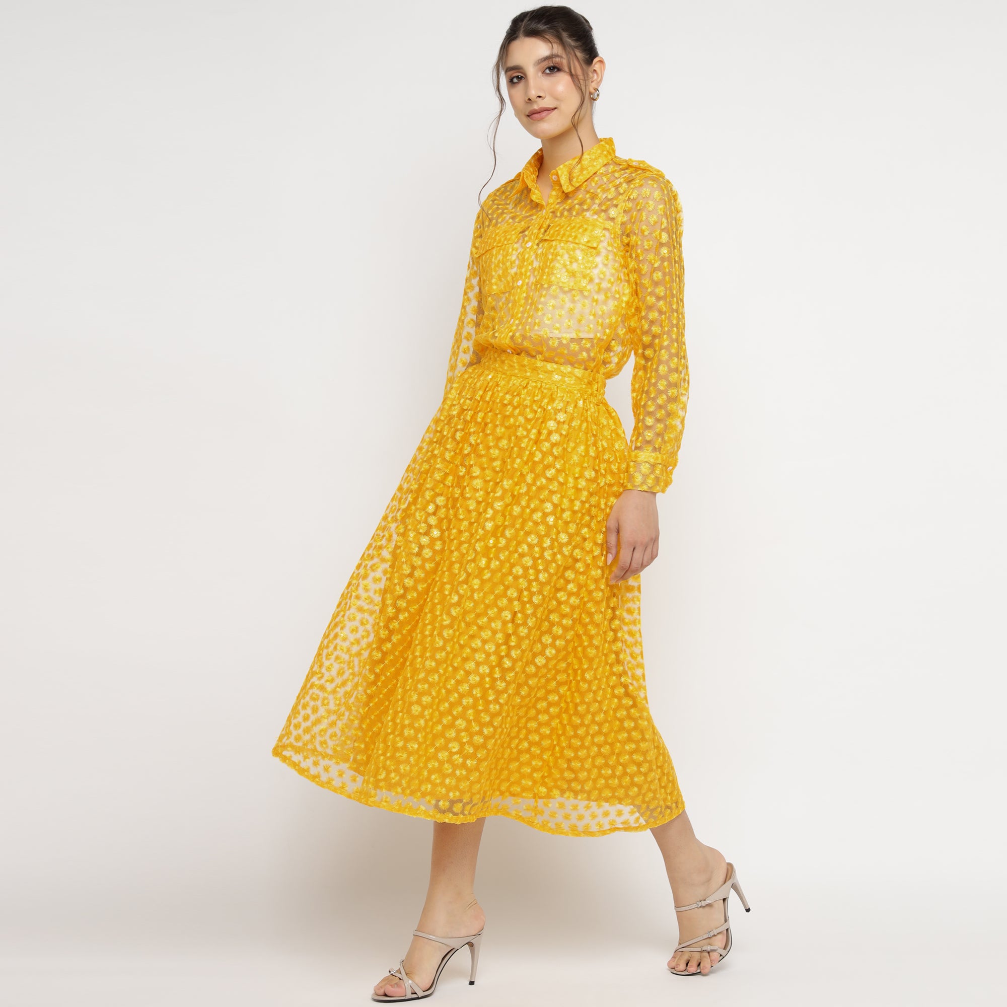 Sunshine Yellow Embroidered 3-Piece Co-ord Set (Shirt, Inner Top & Skirt)