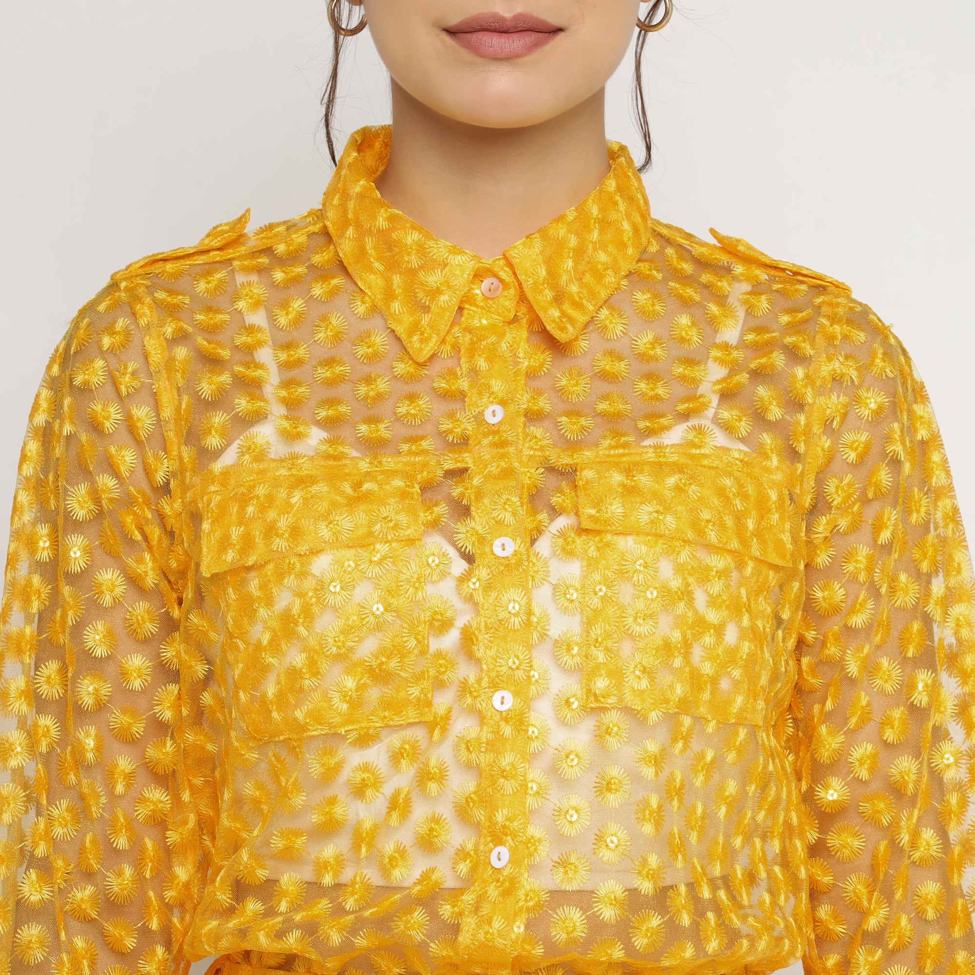 Sunshine Yellow Embroidered 3-Piece Co-ord Set (Shirt, Inner Top & Skirt)