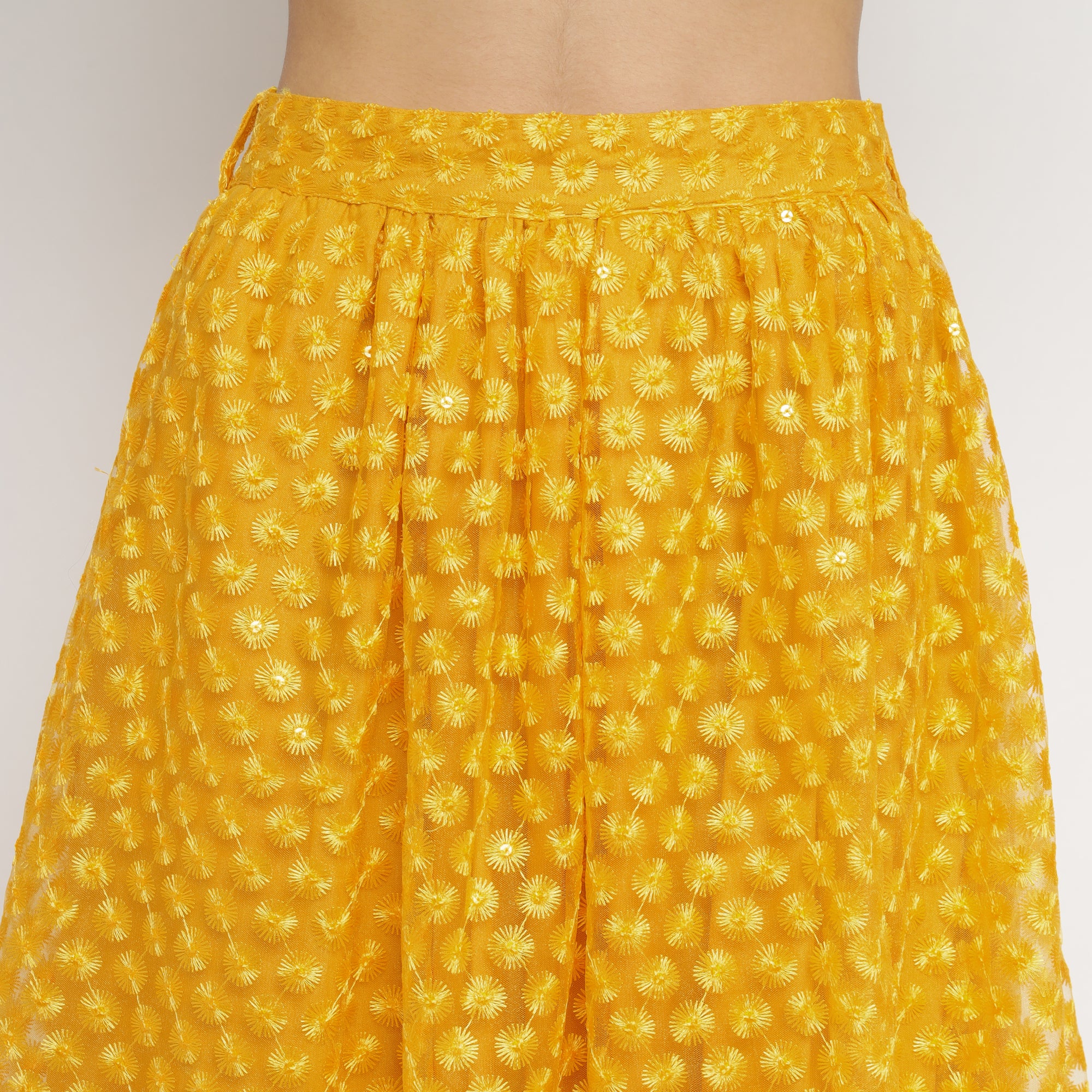 Sunshine Yellow Embroidered 3-Piece Co-ord Set (Shirt, Inner Top & Skirt)
