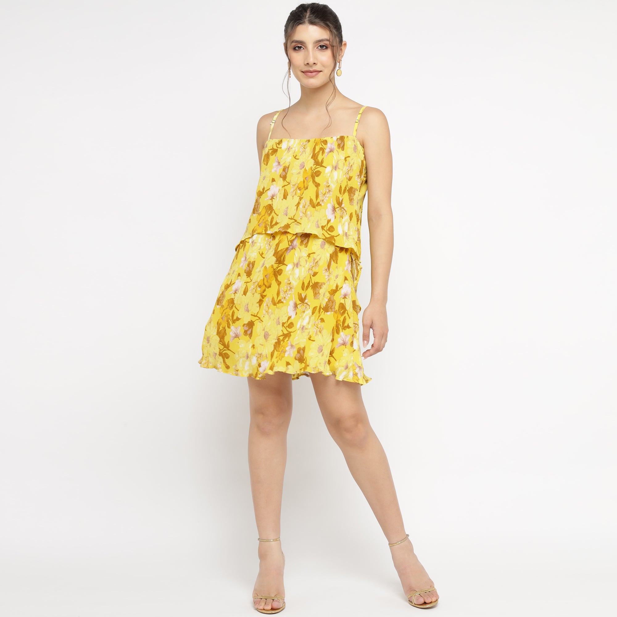 Mustard Yellow Layered Mini Dress with Tropical Bloom Print