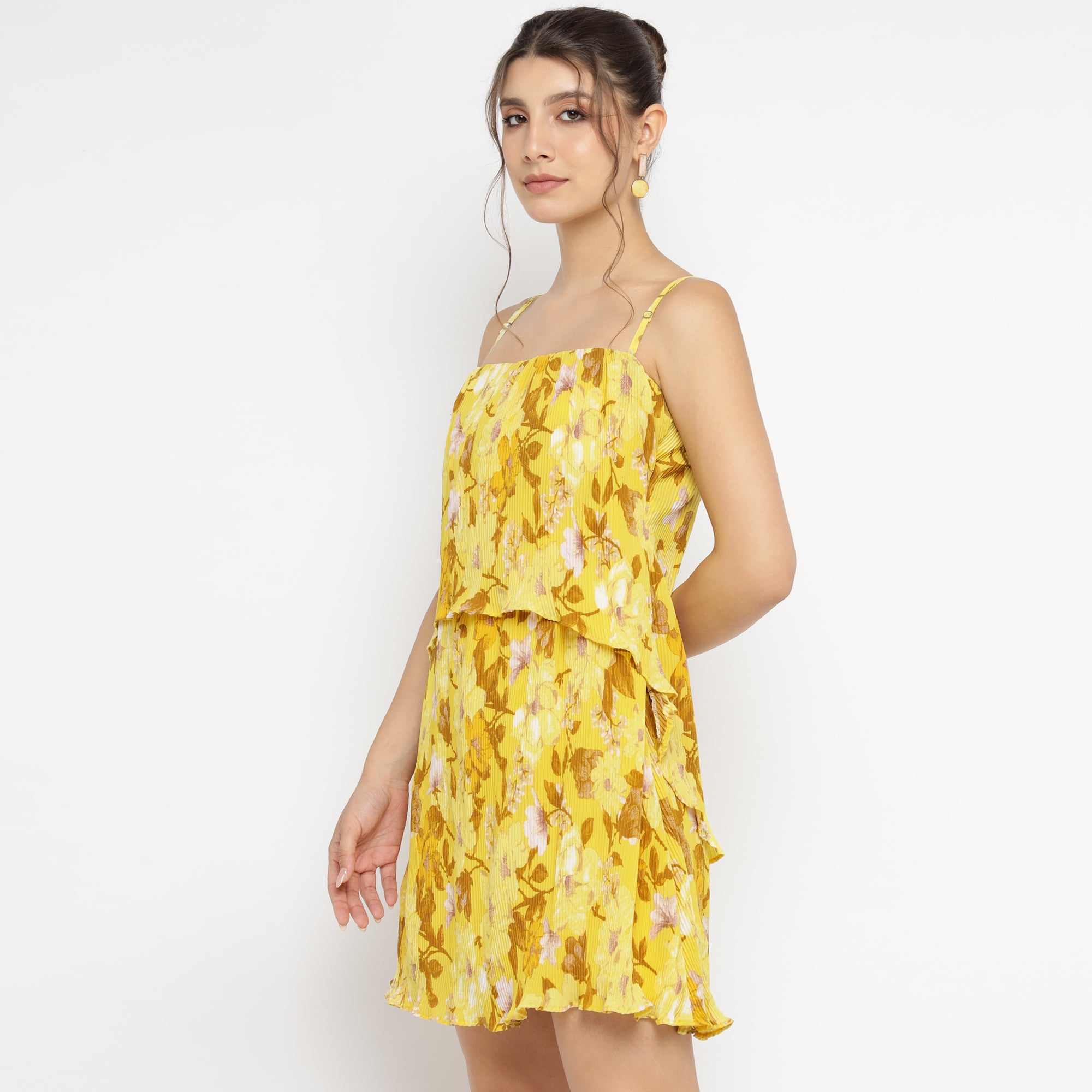 Mustard Yellow Layered Mini Dress with Tropical Bloom Print