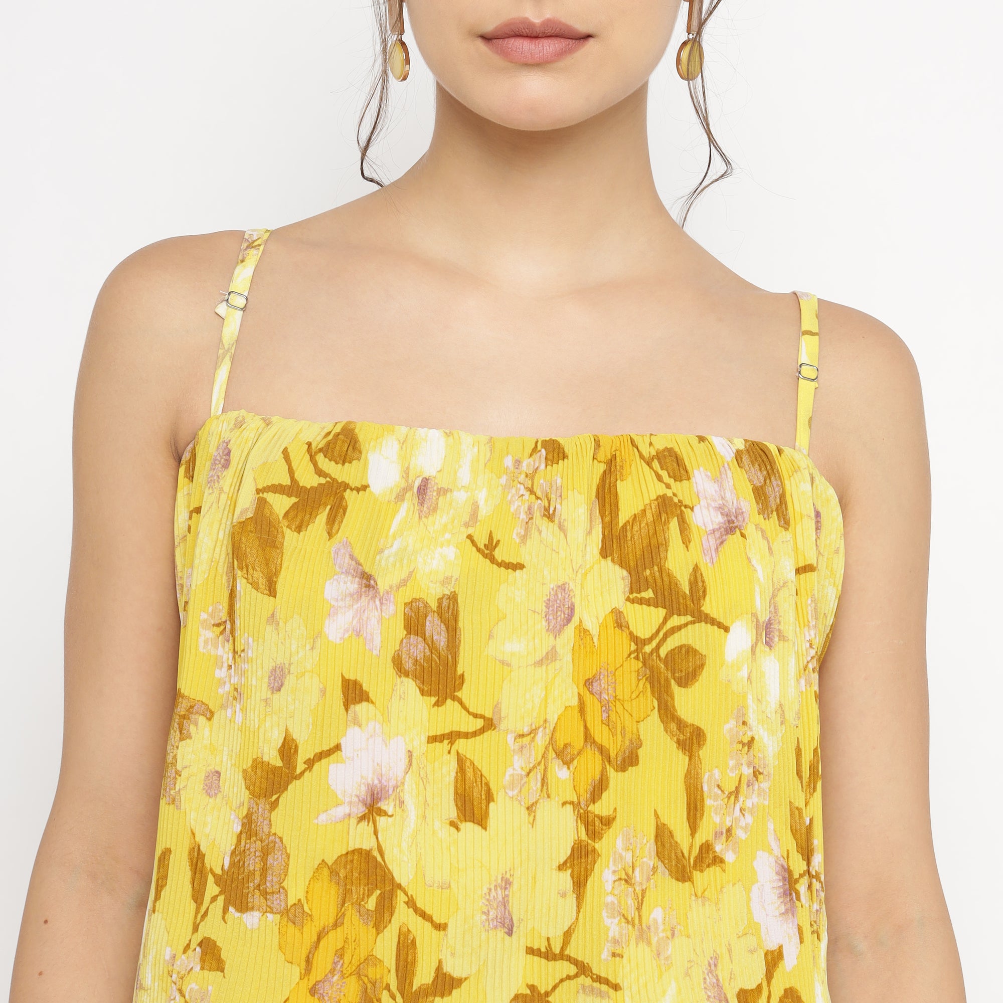 Mustard Yellow Layered Mini Dress with Tropical Bloom Print