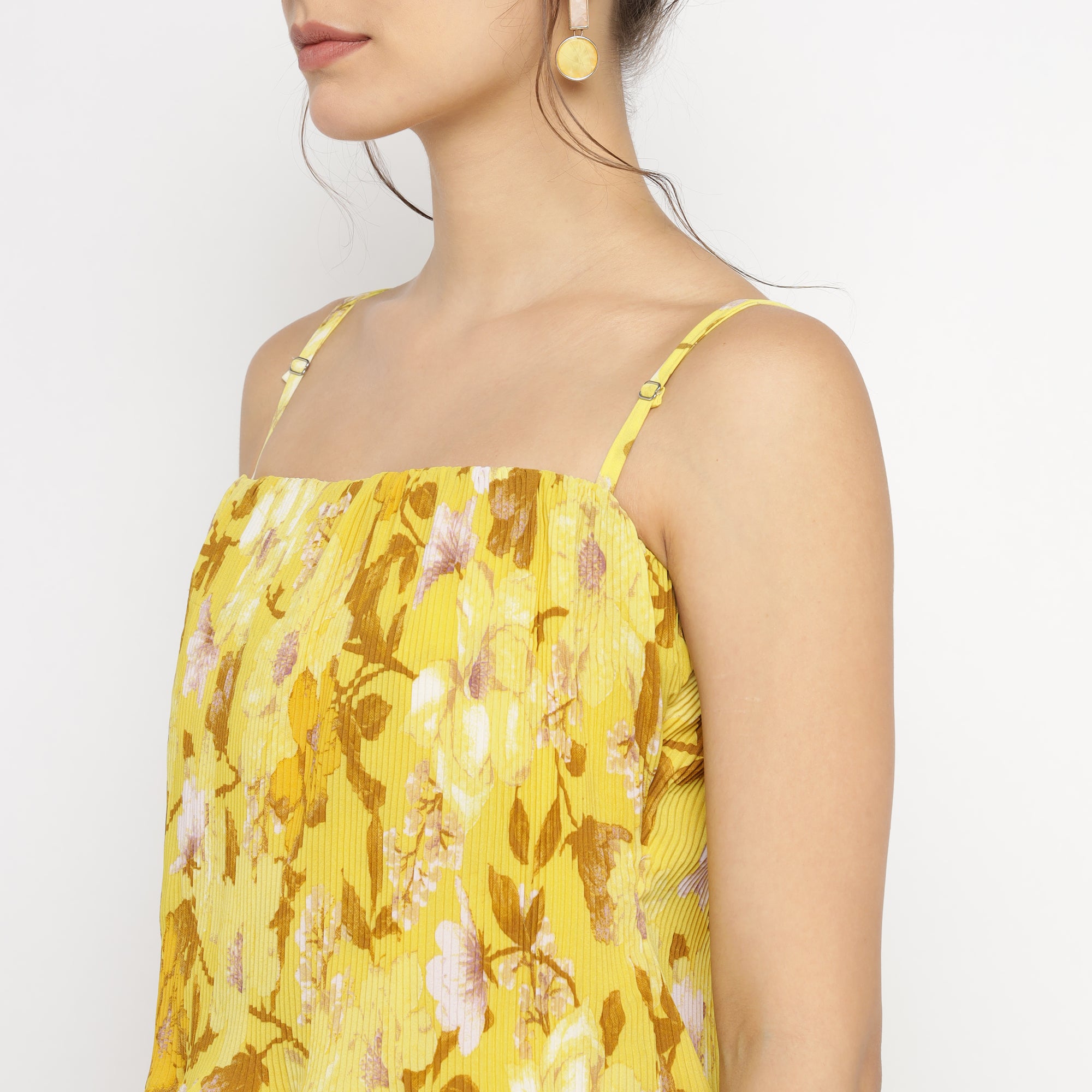 Mustard Yellow Layered Mini Dress with Tropical Bloom Print