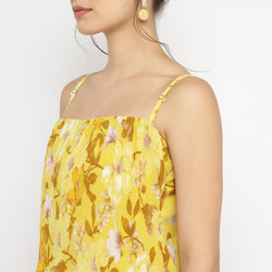 Mustard Yellow Layered Mini Dress with Tropical Bloom Print