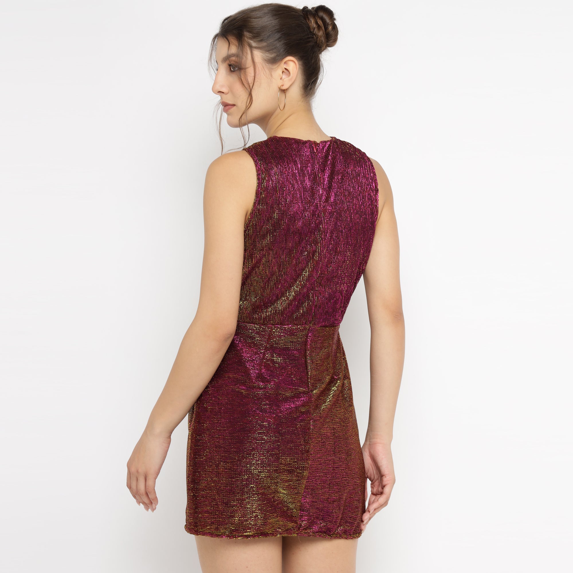 Back view of burgundy-gold metallic bodycon mini dress with sleeveless design and subtle shimmer texture – The Ulluu