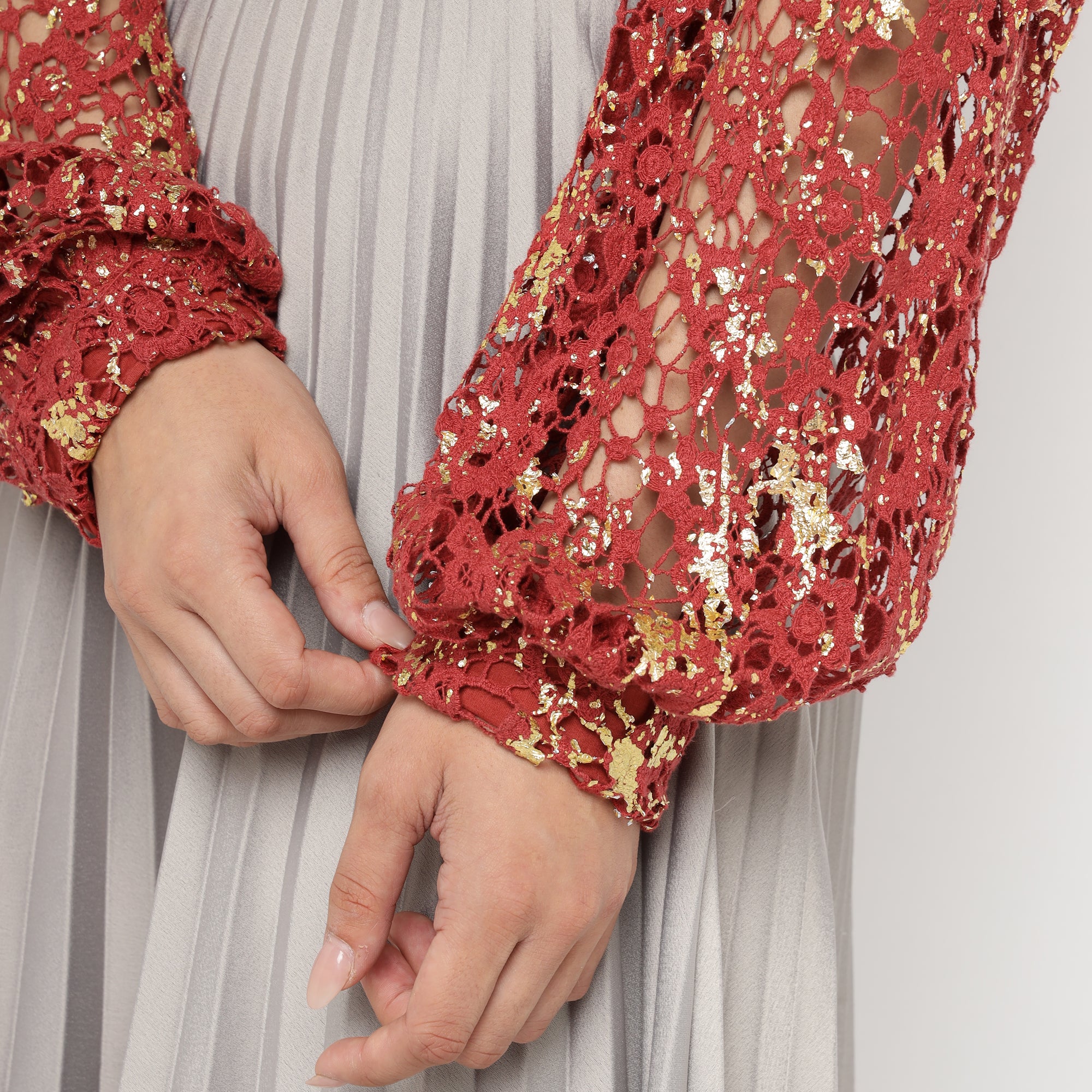 Red Foil print Lace Sheer Blouse