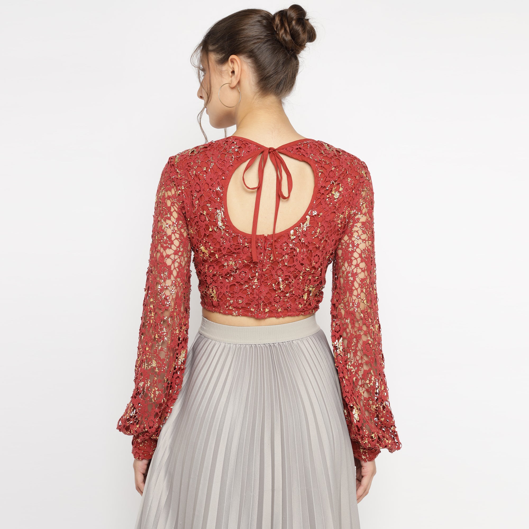 Red Foil print Lace Sheer Blouse