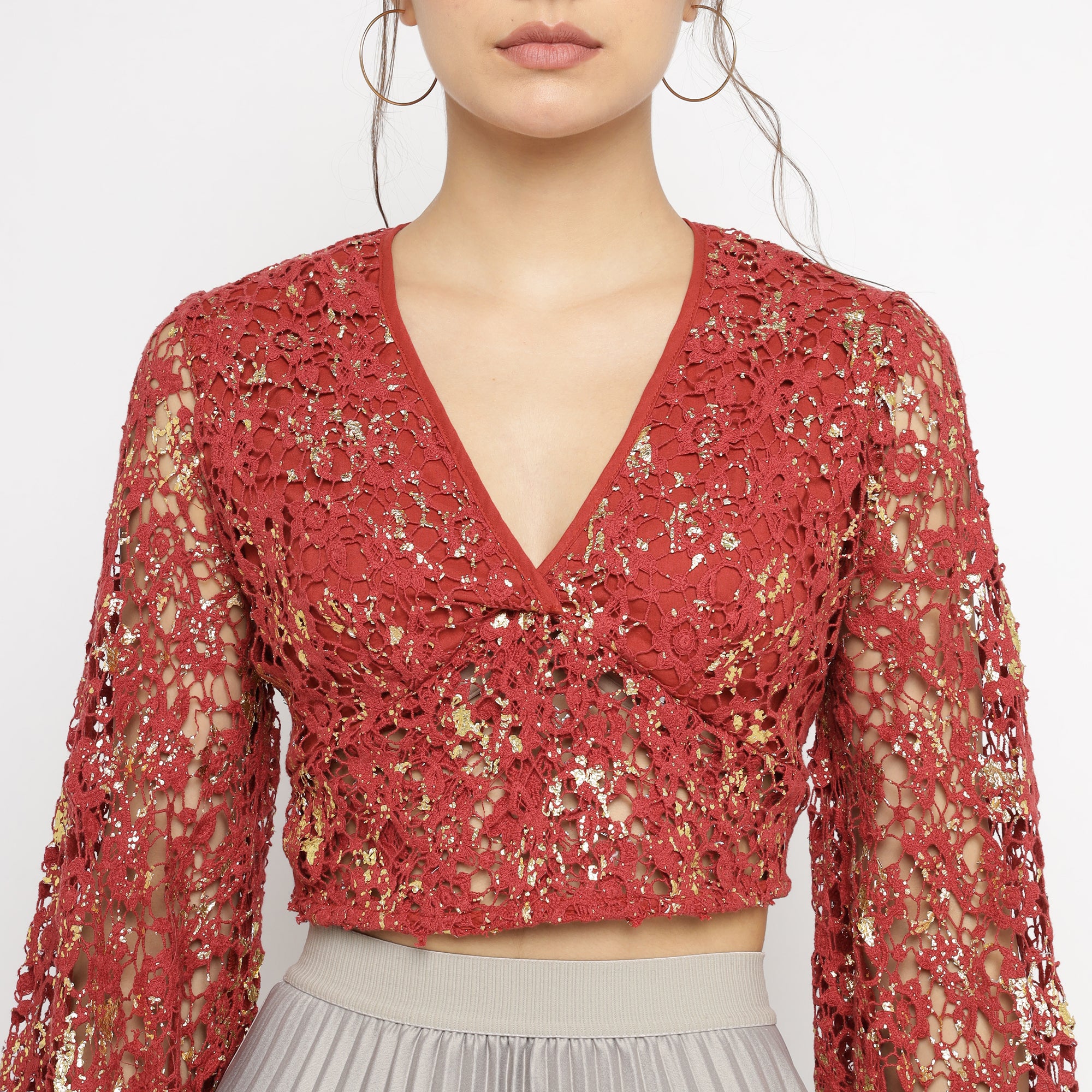 Red Foil print Lace Sheer Blouse