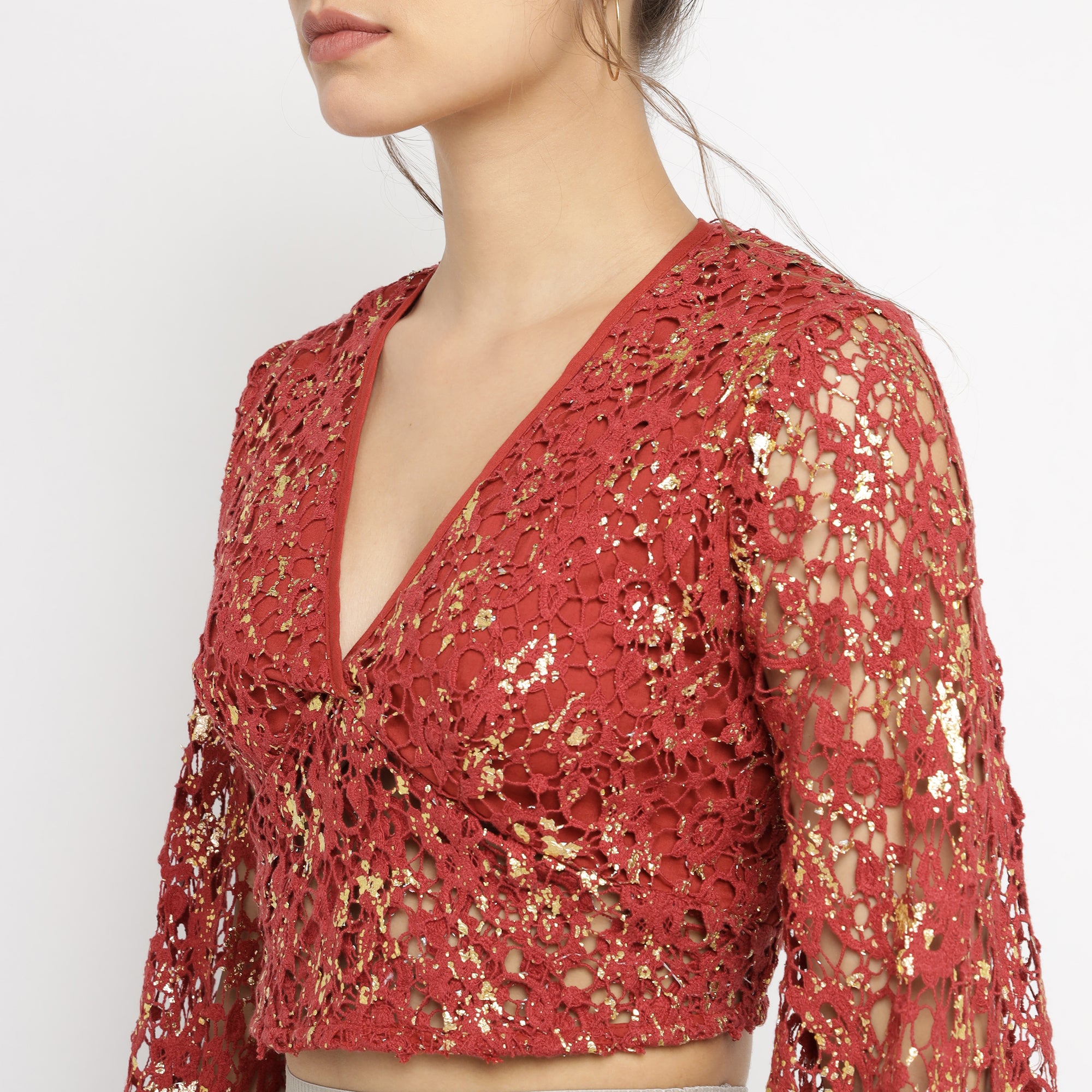 Red Foil print Lace Sheer Blouse