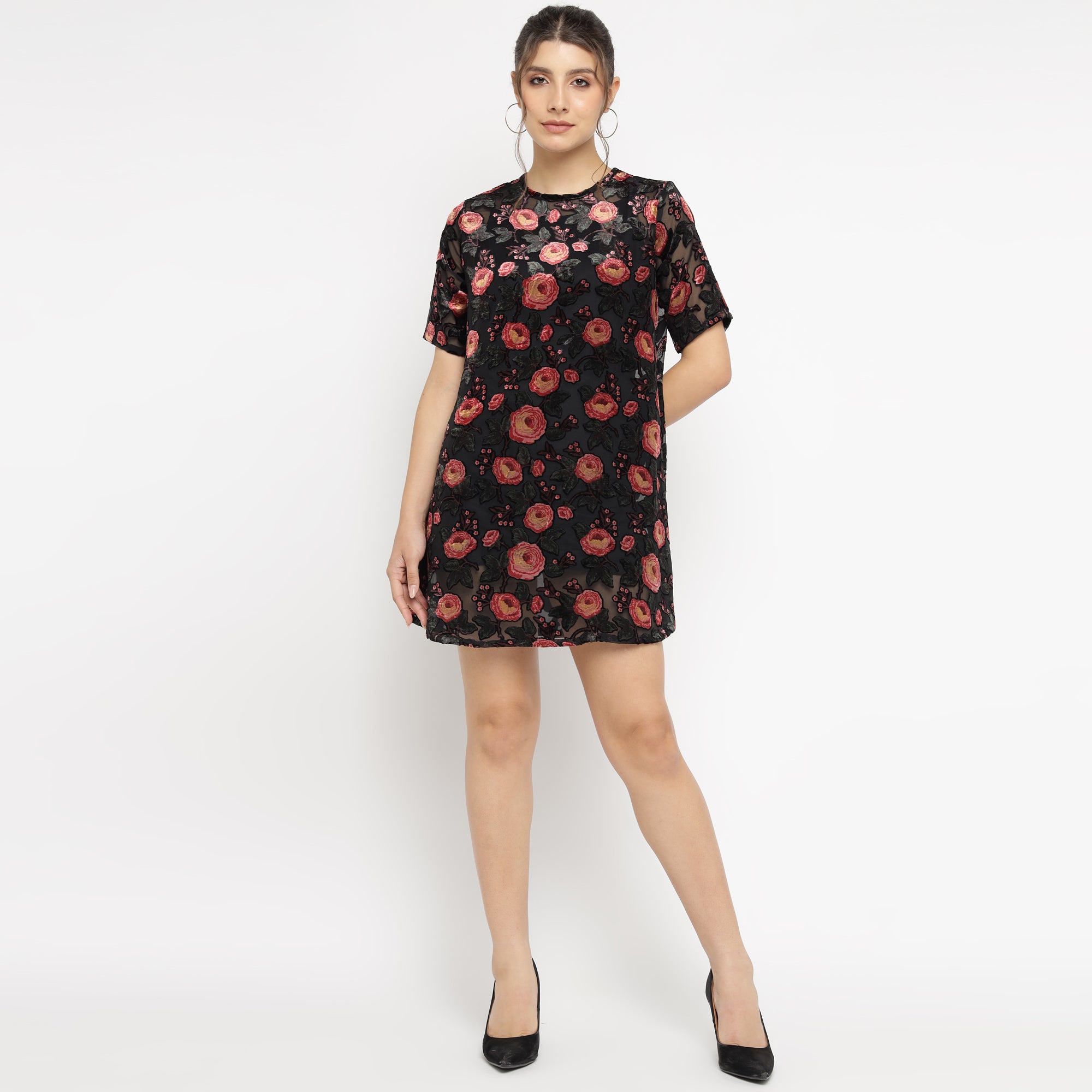 Red – Floral Summer Velvet Shift Dress