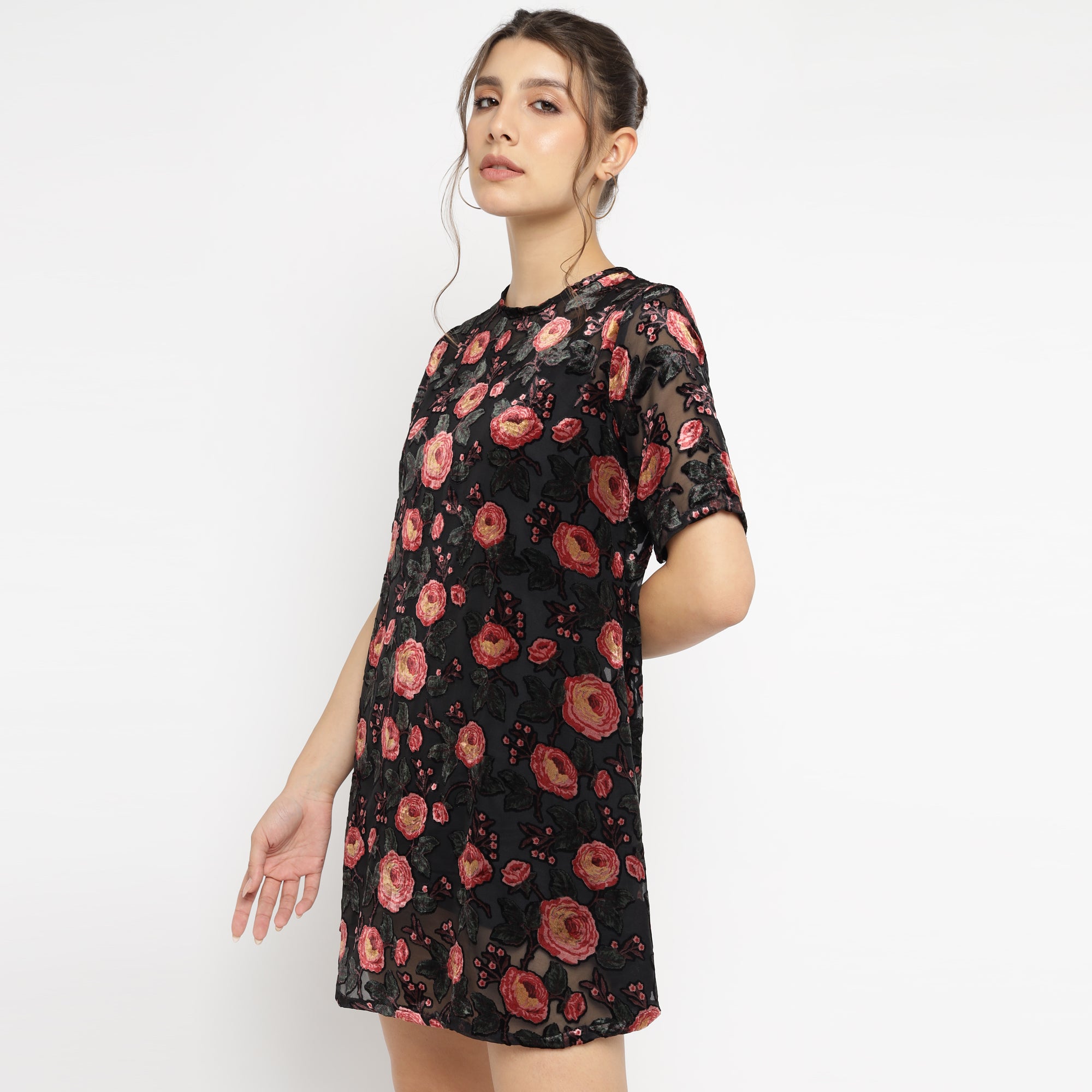 Red – Floral Summer Velvet Shift Dress