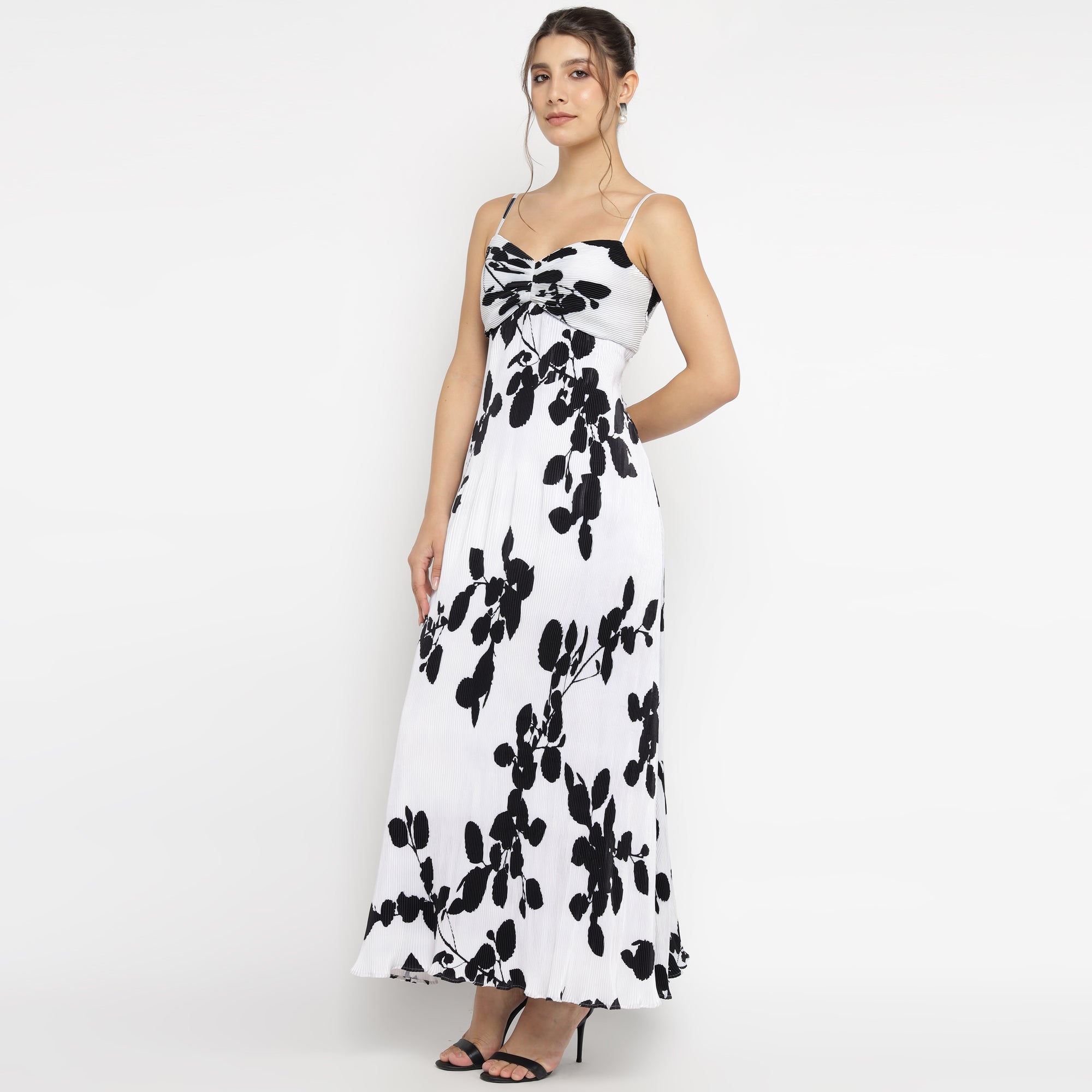 White & Black Print Spaghetti Maxi Dress